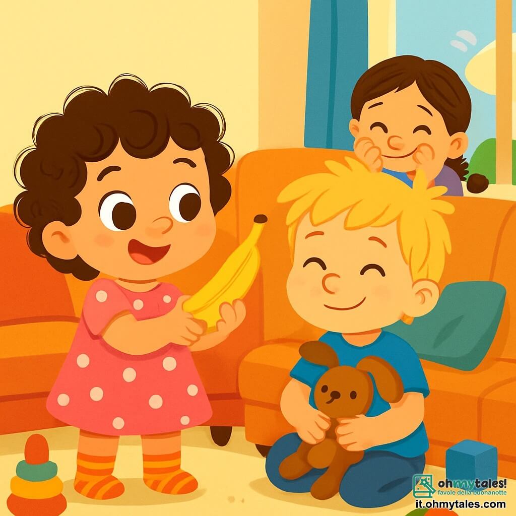 Una bambina di 2 anni, Nina, con grandi occhi scintillanti e capelli ricci, sorride maliziosamente tenendo una banana tra le mani. Indossa un vestito rosa a pois e calzini a righe. Accanto a lei, suo fratello Leo, di 5 anni, con capelli biondi disordinati e una maglietta blu, cerca di nascondere un grande sorriso mentre tiene un pupazzo. La loro sorella Marta, di 4 anni, con capelli castani intrecciati e un vestito viola, si nasconde dietro un cuscino, pronta a scoppiare a ridere. La scena si svolge in un soggiorno luminoso, pieno di giocattoli colorati, cuscini morbidi e una grande finestra che lascia entrare la luce del sole. Nina, piena di malizia, si prepara a fare uno scherzo lanciando la banana verso suo fratello Leo, mentre Marta osserva, impaziente di vedere cosa succederà.