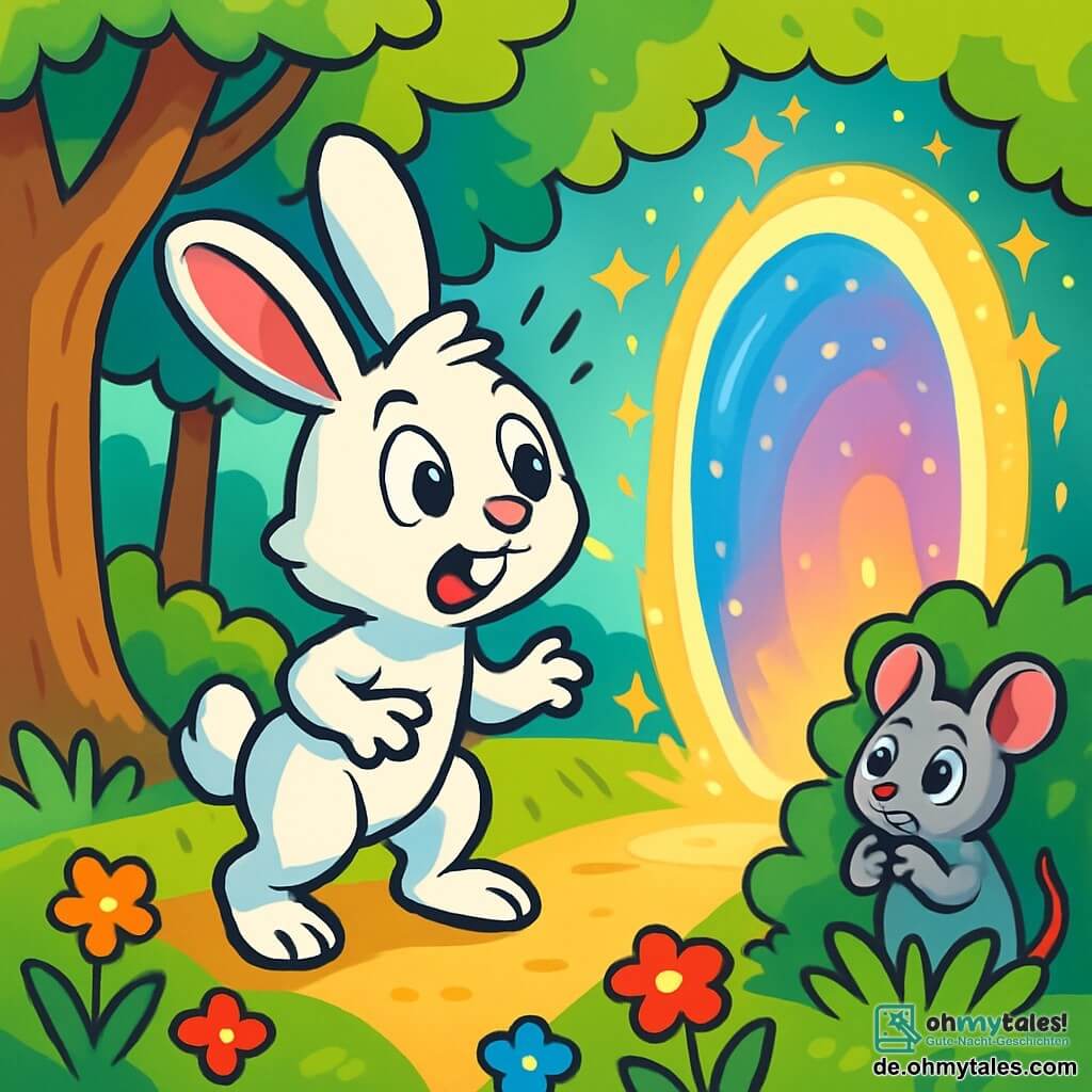 Ein junger, strahlend weißer Hase mit großen, neugierigen Augen steht am Rand eines funkelnden magischen Portals. Sein Gesicht zeigt ein Staunen, die Ohren sind aufgestellt, bereit, ins Unbekannte zu springen. In der Nähe beobachtet eine kleine graue Maus mit funkelnden Augen, die mit einer Mischung aus Bewunderung und Besorgnis ihre kleinen Pfoten auf ihrem Bauch hält. Sie versteckt sich hinter einem blühenden Busch, aufmerksam auf das Abenteuer ihres Freundes. Die Szenerie ist eine verzauberte Lichtung, umgeben von majestätischen Bäumen mit dicken Stämmen und leuchtend grünen Blättern, beleuchtet von goldenen Sonnenstrahlen, die durch das Laub filtern. Bunte Blumen in Rot, Gelb und Blau schmücken den Boden und verleihen der märchenhaften Landschaft Farbe. Die Hauptsituation zeigt Luni, den Hasen, der zögert, das leuchtende Portal zu betreten, während die Maus, obwohl nervös, ihn still ermutigt, den großen Sprung ins Abenteuer zu wagen.