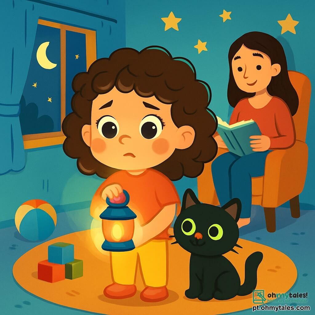 Uma menina de 4 anos, Luzinha, com grandes olhos brilhantes e cabelos cacheados, está no centro da sala, segurando uma lanterninha colorida que ilumina seu rosto. Ela tem uma expressão curiosa e um pouco preocupada, com as bochechas levemente rosadas. Ao seu lado, seu doce gatinho Bolinha, um pequeno gato preto com olhos verdes brilhantes, se aconchega contra suas pernas, olhando ao redor com atenção. Em um canto da sala, sua mãe, uma mulher sorridente de cerca de 30 anos, com cabelos longos e castanhos, está sentada em uma cadeira, lendo um livro sob uma luz suave. A cena ocorre em um quarto acolhedor, com paredes pintadas de azul pastel, estrelas douradas coladas no teto e um tapete macio no chão. Brinquedos coloridos estão espalhados e uma janela deixa entrar a luz da lua. Luzinha, um pouco nervosa, observa a luz de sua lanterninha, pronta para enfrentar seus medos na escuridão, enquanto Bolinha, seu fiel companheiro, a encoraja com sua presença reconfortante.