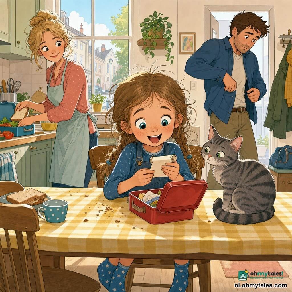 Een 6-jarig meisje, vrolijk en verbaasd, met lichtbruin haar in twee rommelige staartjes en sokken met blauwe sterren, houdt een klein opgerold papiertje dat ze in een open broodtrommel vond en kijkt er met grote glinsterende ogen naar. Een ongeveer 32-jarige moeder, glimlachend en druk, met blond haar in een knot, stopt boterhammen in een broodtrommel links achter het meisje. Een ongeveer 35-jarige vader, iets verstrooid, met bruin haar, zoekt zijn sleutels bij de deur rechts van het meisje en voelt in zijn zakken. Een gestreepte grijze kat genaamd Muis met ondeugende groene ogen zit op de tafel bij de broodtrommel en kijkt naar het meisje. In een door ochtendlicht verlichte gezinskeuken staat een lichte houten tafel met kruimels, een open rode broodtrommel, een geel geruit tafelkleed en een raam naar een stille straat; de scène toont een alledaagse, magische ontdekking met een warme, kleurrijke sfeer.