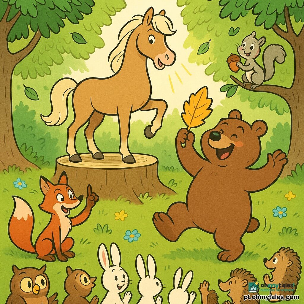 Um cavalo cor de caramelo calmo e sorridente, com crina ondulada creme e olhos avelã, em pé sobre um tronco grosso levantando uma pata como mestre de cerimônias; um grande urso pardo chamado Bolota, alegre e atrapalhado, dançando sobre as patas traseiras e segurando um troféu em forma de folha dourada; uma raposa ruiva maliciosa à esquerda levantando a pata, um esquilo cinza pequeno à direita numa rama baixa segurando uma noz e sorrindo; coelhos brancos, corujas e ouriços em semicírculo aplaudindo; uma clareira com relva verde, flores amarelas e azuis, árvores ao redor e raios de sol; cena de um quiz festivo e colorido.