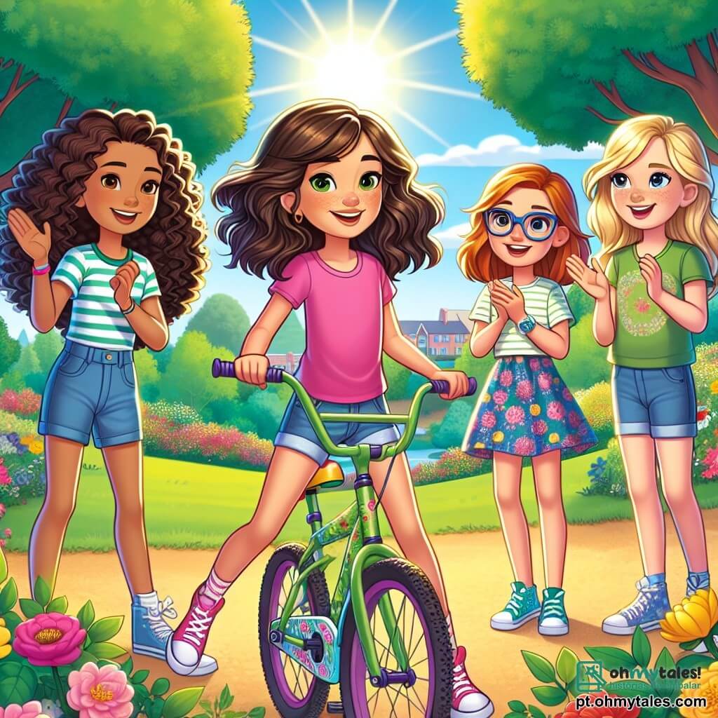 Em um parque ensolarado, quatro meninas de sete anos estão juntas, cercadas por verde e flores coloridas. **Sofia** é uma menina de cabelos castanhos e cacheados, usando uma camiseta rosa e um short jeans, um pouco hesitante, mas determinada para andar de bicicleta. **Ana**, com cabelos loiros e lisos presos em duas tranças, veste um vestido azul de bolinhas e sorri encorajadora para Sofia, pronta para ajudar. **Beatriz**, com cabelos castanhos e ondulados, usa uma camiseta verde e um short, aplaudindo entusiasticamente à esquerda de Sofia. **Clara**, com cabelos ruivos e óculos, veste uma camiseta amarela e uma saia florida, posicionando-se atrás de Sofia, pronta para apoiá-la com um ar confiante. O parque é repleto de árvores majestosas, flores vibrantes e um caminho de cascalho que serpenteia pela grama verde. No fundo, um céu azul claro com algumas nuvens brancas é visível. A cena principal mostra Sofia na bicicleta, se preparando para pedalar sem as rodinhas, enquanto suas amigas a encorajam com sorrisos e gritos de alegria, ilustrando confiança e espírito de equipe.
