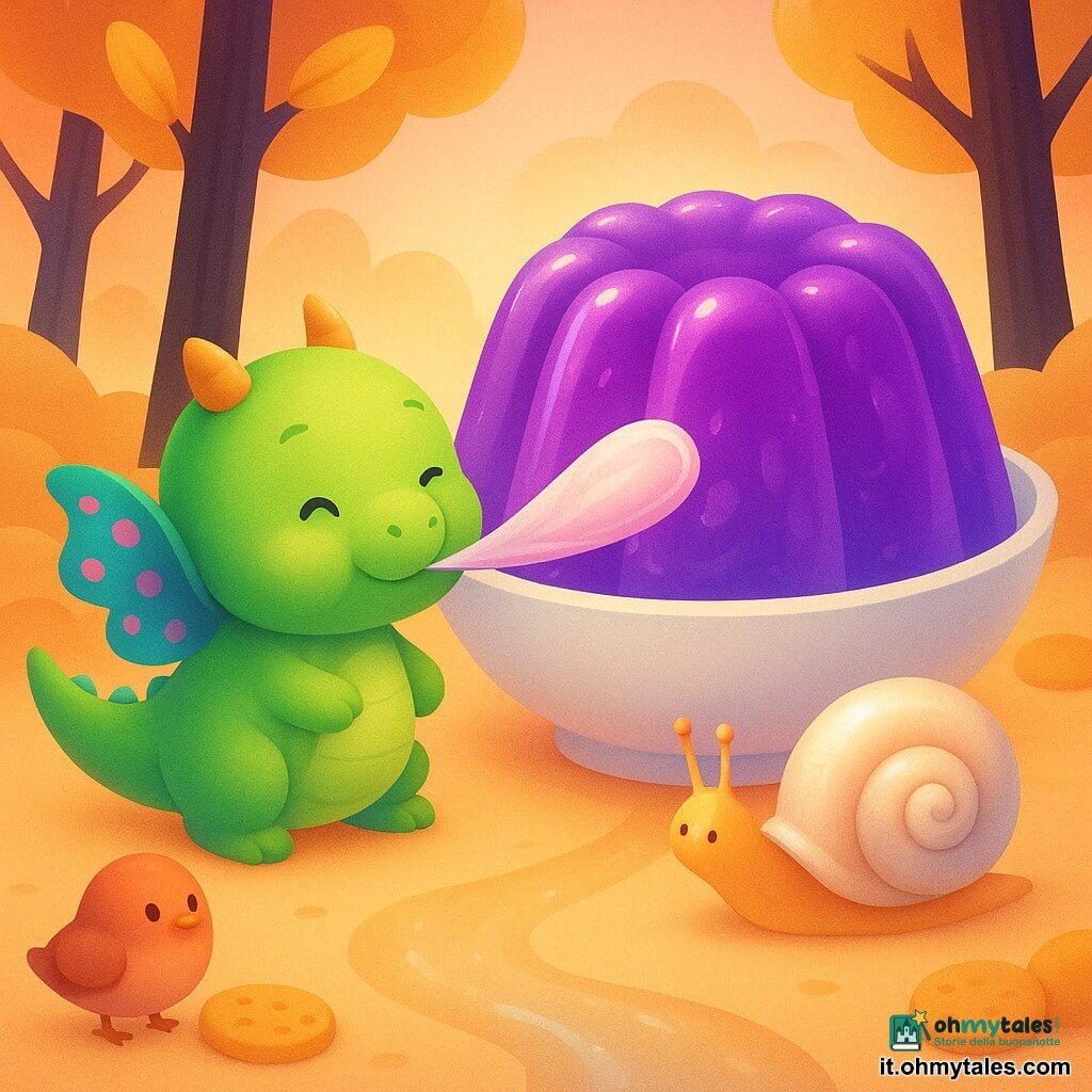 Piro, un piccolo drago a forma di pera, lucente e verde tenue, con due corna minuscole e ali a pois, è concentrato e sorridente mentre soffia piano con una grande piuma di zucchero filato; la Gelatina Gigante è una enorme gelatina viola brillante, traslucida e ondulata, in una grande coppa bianca, trema ma scivola intera; una lumaca con un grande guscio spiralato perlaceo è calma e orgogliosa e lascia una scia liscia e lucida appena davanti a Piro; un passerotto di marzapane, piccolo e rotondo, è sorpreso e curioso e salta accanto a un biscotto usato come segnavia lungo il sentiero; il luogo è il Bosco dei Biscotti: alberi di liquirizia nera, foglie di caramello dorato, sentiero fatto da una pista lucida di bava di lumaca zuccherata e fiancheggiato da biscotti rotondi, colline di panna montata e cielo pesca; situazione principale: Piro guida delicatamente la gelatina gigante lungo la pista liscia soffiando molto piano per evitare qualsiasi "plop", circondato da amici dolci che osservano ammirati; stile visivo: colori pastello saturi, texture lisce e lucide, illuminazione soffusa, contorni netti e forme rotonde, atmosfera calda e giocosa.