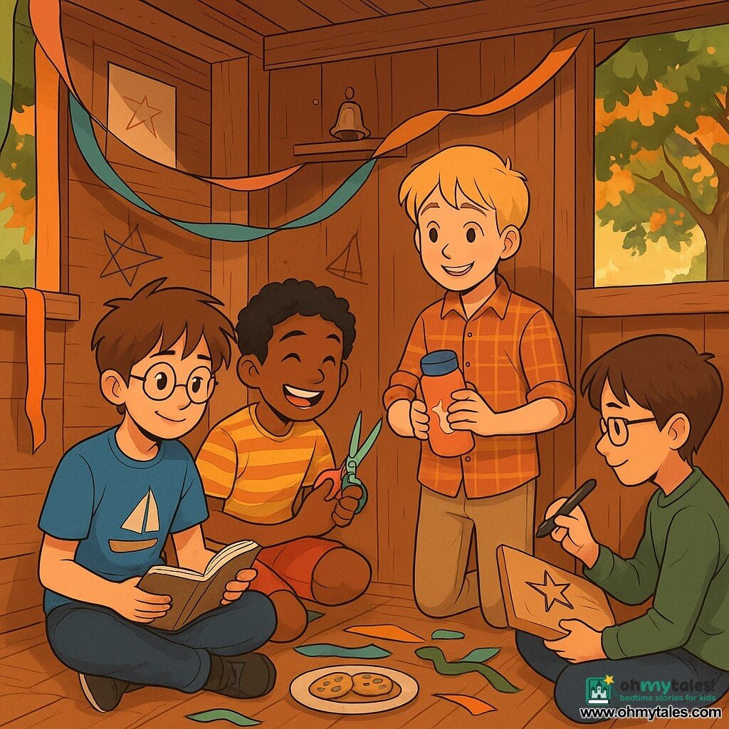 There are 4 children: Milo, an 11-year-old boy with messy brown hair and round glasses, sitting cross-legged on the floor of the shed, holding a notebook; Hassan, also 11, with curly black hair, squatting next to Milo, laughing while holding a pair of colorful scissors; Jamie, 11, with smooth blonde hair, standing and holding a fox-shaped thermos, smiling at his friends; and Leo, 11, with brown hair and rectangular glasses, sitting against the shed wall, drawing stars on a piece of wood with a marker. The setting is a wooden shed perched in a large maple tree, surrounded by green and golden leaves, with sunlight filtering through the wood, illuminating colorful paper, scissors, and ribbons. The walls are decorated with drawings of stars and boats, and a small bicycle bell shines on a shelf. The main situation shows the children preparing a small birthday ceremony, surrounded by colorful ribbons and cookies, laughing and exchanging sweet words, each holding a ribbon, ready to celebrate their friendship with simple and joyful gestures.