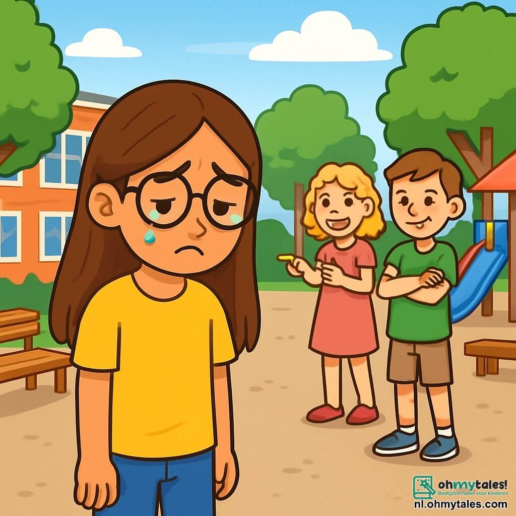 Een 10-jarig meisje, Sanne, met lange bruine haren en ronde bril, staat in het midden van een schoolplein. Haar gezicht is getekend door verdriet, met tranen in haar ogen en een kwetsbare uitdrukking. Ze draagt een felgele t-shirt en blauwe jeans, maar haar blik is verloren, gericht op de grond. In de buurt maken twee kinderen, Lisa en Tim, beide 11 jaar, zich belachelijk om haar. Lisa heeft blond, krullend haar, draagt een roze jurk en glimlacht spottend. Tim, met kastanjebruin haar en een groene t-shirt, heeft zijn armen gekruist en toont een sarcastische glimlach. Ze staan iets op afstand, fluisterend en lachend naar elkaar, met hun ogen op Sanne gericht. De scène speelt zich af op een zonnig schoolplein, omringd door grote groene bomen en speeltoestellen. De situatie toont Sanne, geïsoleerd en verdrietig, terwijl Lisa en Tim haar uitlachen, wat een sfeer van pesten creëert. De felle kleuren van het plein contrasteren met Sanne's sombere emoties, wat haar gevoel van eenzaamheid benadrukt.