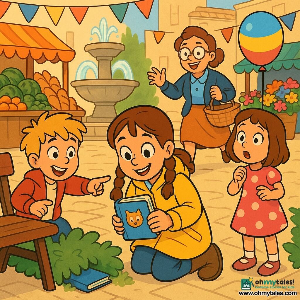 An 8-year-old girl, joyful and focused with brown hair in two braids and a bright yellow raincoat, holds a small blue notebook with a cat sticker and crouches to look at a partially hidden notebook in a bush; her 8-year-old friend, a smiling blond boy in a red jacket, points toward the bush from her left, and their 7-year-old friend Zoey in a pink polka-dot dress stands slightly behind on the right holding a colorful balloon, while Mrs. Jeannie, a relieved librarian in her 40s with round glasses and a wicker basket, runs toward them; the scene is a sunny village market with colorful stalls, bread, flowers, a central stone fountain and light bunting, capturing a happy discovery with warm, saturated colors and clear, rounded lines.