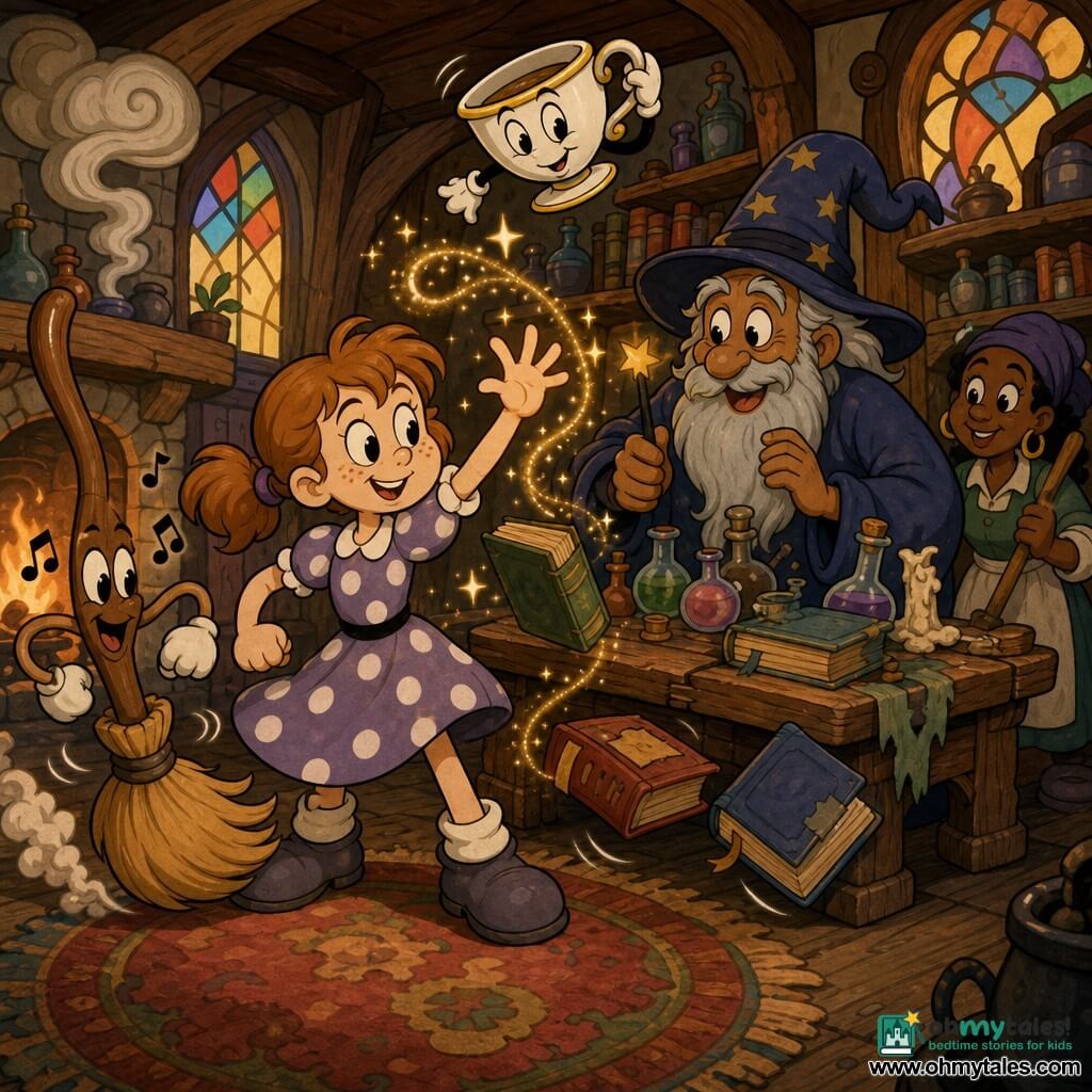 A mischievous 10-year-old girl with a round freckled face, light brown pigtails, bright wide eyes and a playful smile raises her hand to cast a polite spell in a cozy wizard's cottage; an elderly male wizard named Fiddlesticks with long graying beard and battered pointed hat stands behind a cluttered table, amused and holding a wand; a small white teacup with a gilded rim floats nearby, smiling and bowing its handle, while a brown broom sweeps with exaggerated, musical motions; warped shelves of colorful jars and dusty books, a crooked fireplace puffing spiral smoke, a worn rug and dented wooden table are lit by warm orange stained-glass light; the joyful, rubber-hose–style scene centers on the girl and the floating teacup as objects politely rise and bow after she adds “please” to the spell.