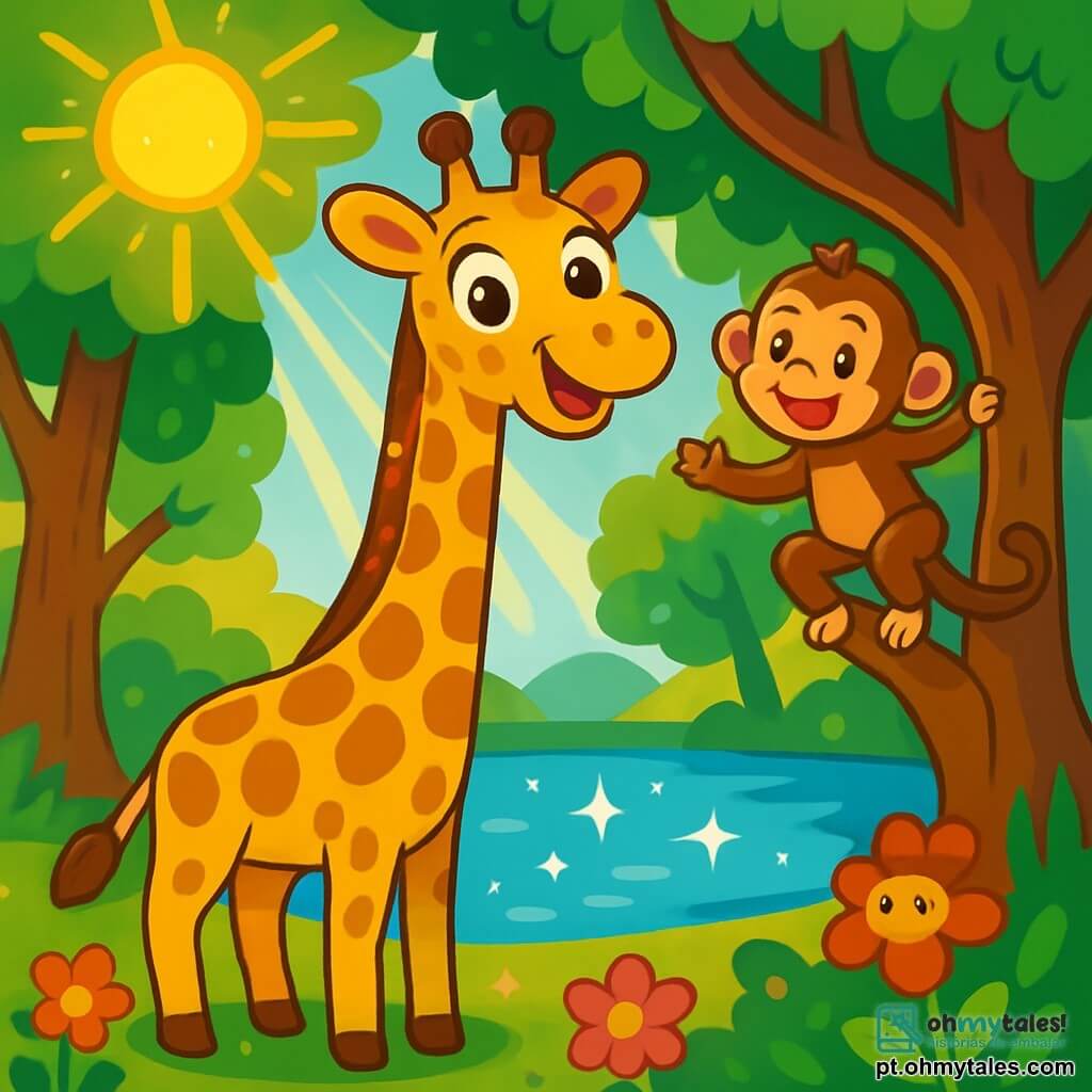 Uma girafa majestosa, com um longo pescoço manchado de amarelo e marrom, brilha sob o sol. Seus grandes olhos curiosos expressam admiração e excitação. Ela está à beira de um lago cintilante, cercada por flores coloridas que dançam ao vento. Ao seu lado, um pequeno macaco travesso, Tico, com pelagem marrom e olhos maliciosos, sobe alegremente em um galho, observando sua grande amiga com um sorriso. O cenário é uma floresta encantada, com árvores gigantes de troncos retorcidos e folhas verdes brilhantes, enquanto raios de sol penetram através da folhagem, criando padrões luminosos no chão. Lili, a girafa, descobre que se tornou mágica, pronta para viver uma aventura incrível.