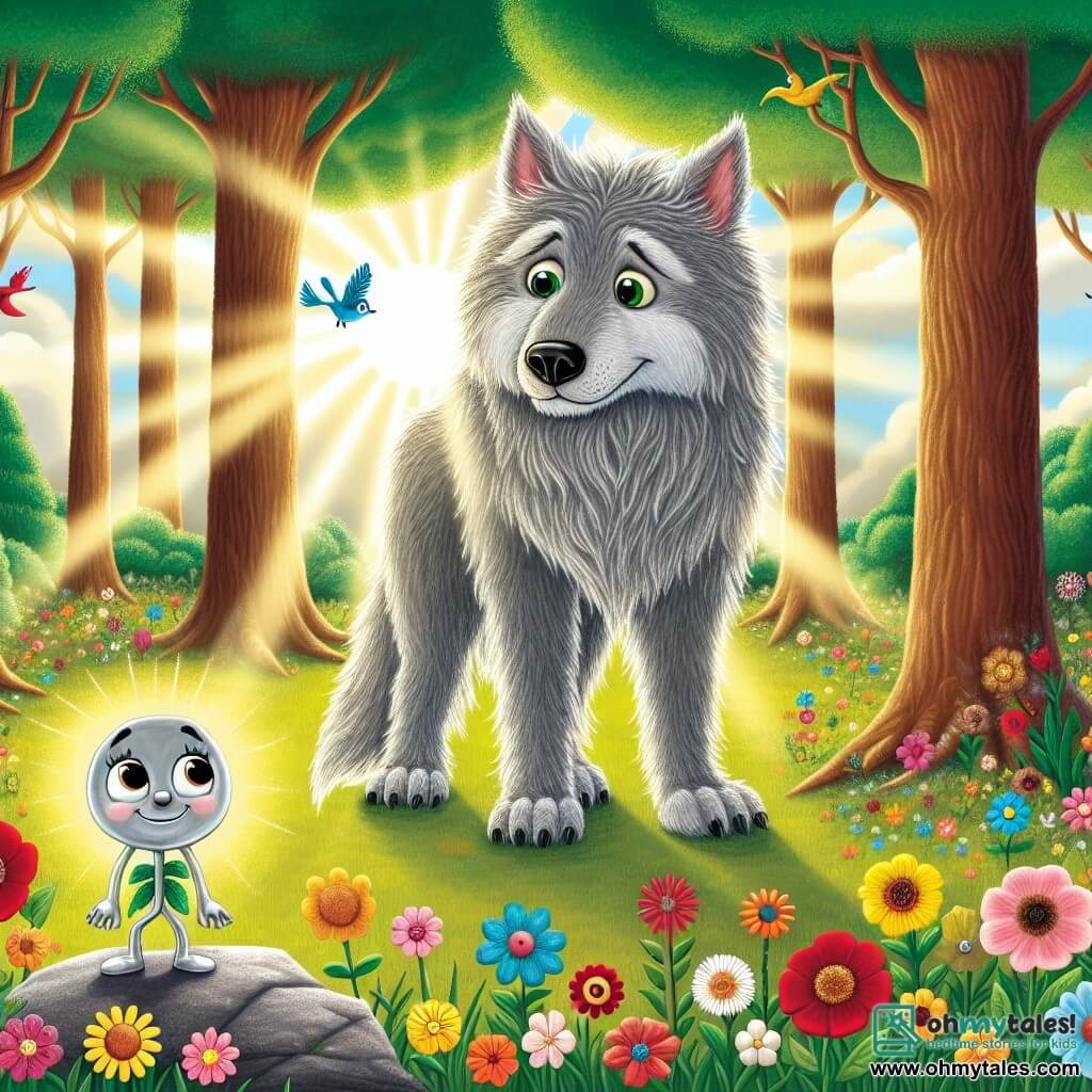 In the center of the image, the Big Bad Wolf, a large wolf with gray, tousled fur, big sad eyes, and a melancholic expression, stands in a sunny clearing surrounded by colorful flowers. He looks hopefully at a small shining character, a silver spoon named Benny, who has a warm smile and sparkling curious eyes. Benny, the hero of the story, stands on a stone, brandishing his silver handle, ready to encourage the wolf. In the background, majestic trees with vibrant green leaves rise, while rays of sunlight filter through the branches, creating a magical atmosphere. Colorful birds fly around, adding life to the scene. The main situation shows Benny, the brave spoon, encouraging the Big Bad Wolf to share his story and free himself from his sadness, symbolizing friendship and understanding in a world filled with prejudice.
