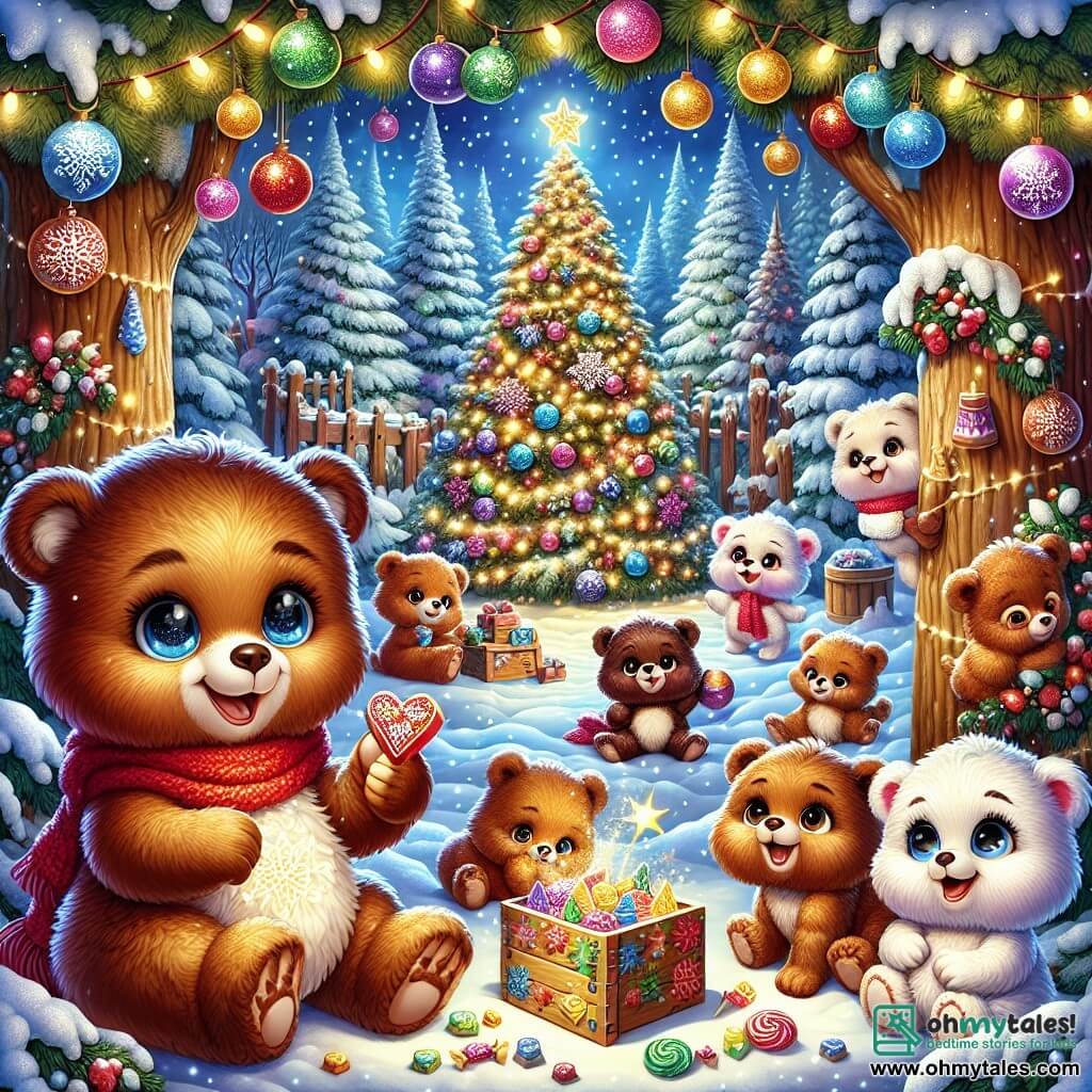 An illustration depicts a young teddy bear with chocolate-brown fur and curious, bright eyes, wearing a red scarf. It expresses immense joy as it discovers a sparkling silver key in a wooden box adorned with snowflake patterns. Nearby, a group of young bears in various shades of brown and white are playing together. One bear, a white female with blue eyes, smiles enthusiastically while playing a party game, while another young bear with caramel fur laughs heartily, holding a candy garland. The main setting is an enchanted forest, illuminated by twinkling lights hanging from snow-covered tree branches. A large Christmas tree stands at the center, decorated with colorful baubles and sparkling garlands, as snowflakes gently fall around. The scene captures the young bear discovering the magic of friendship by joining its new friends in a joyful Christmas celebration filled with laughter and games. Other graphic elements include tables laden with festive treats, colorful toys scattered around, and bright stars in a night sky, adding a warm and festive atmosphere to the scene.