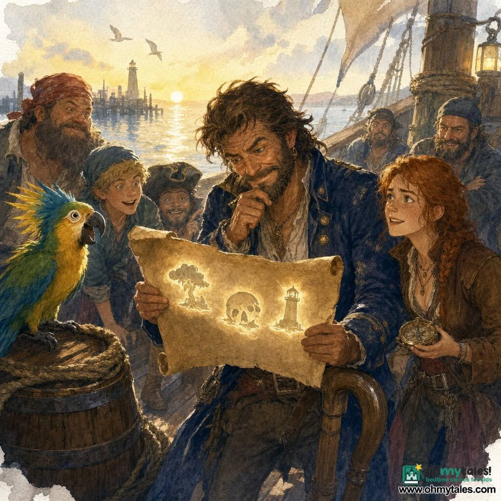 A smiling, mischievous Captain Bram Tidewell, sun‑weathered tobacco complexion and bristly beard, in a worn navy coat smelling of salt, holds an open rolled parchment map over a wooden chest and studies it with a slight curious frown; the same captain, about 40, stands center leaning on a wooden hook, confident yet alert; a small lively parrot Pickle (green, yellow, blue) perches on a barrel left, squawking "Wink!"; a young female crew member (~25) with braided red hair and a brown jacket stands just behind to the right holding a compass, worried but excited; scene on the wooden deck of the ship Mop-Top Mermaid with aged planks, ropes and barrels, a sparkling sea and dark quay in the background, soft golden morning light; the captain has found a slightly blinking magical map marked with three glowing symbols (jagged cloud, sleeping skull, lighthouse with a hat), the crew gathers in an adventurous, whimsical mood — watercolor render with grainy texture and pastel colors.