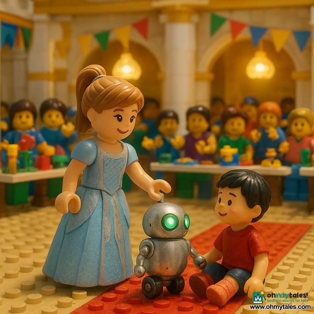 Cinderella (girl, ~16) smiles shyly but proudly, light brown hair in a ponytail, wearing a pale blue and silver dress made of recycled pieces, holding the metallic hand of her glowing robot as they move forward; Lumi the robot (non-human), small and round with shiny sheet-metal body, green LED eyes and visible wheels, helps a child and emits a soft glow; a little boy (~7) with flushed cheeks and short black hair sits on the ground in front of the contest booth with one leg bandaged in red bricks, looking at Cinderella with gratitude; the contest crowd consists of varied LEGO characters (kids 8–14) standing in the background, some clapping, others showing colorful inventions on tables; the palace turned fairground is built of gold and white bricks with large columns, multicolored banners, a red brick carpet leading to a stage and hanging translucent-piece lamps; main scene: Cinderella and Lumi stand on the red carpet before the crowd as Lumi helps the boy and everyone watches in wonder, warm lighting, strong contrasts, textured brick details, bright colors and simple shapes for a playful, joyful look.