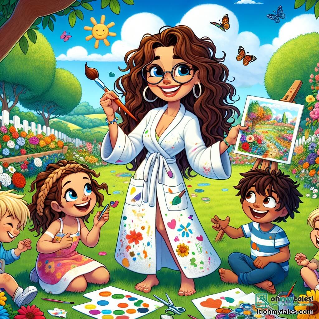 Una donna di nome Sofia, di circa trent'anni, con lunghi capelli ricci castani, sorridente e piena di vita, si trova al centro del suo giardino soleggiato, tenendo un grande pennello colorato. Indossa una camicia bianca macchiata di vernice, e il suo viso irradia gioia e creatività mentre dipinge un magnifico paesaggio su una tela. Intorno a lei ci sono tre bambini: un ragazzo di 8 anni con capelli biondi disordinati, che guarda con meraviglia la tela, una ragazza di 7 anni con capelli castani intrecciati, che tiene un foglio di carta e delle forbici, pronta a creare le sue forme, e un altro ragazzo di 9 anni, con occhiali rotondi, che ride mostrando una forma che ha ritagliato. Sono tutti seduti sull'erba verde, circondati da fiori colorati e farfalle svolazzanti. Il luogo è un giardino vibrante, pieno di fiori dai colori vivaci, grandi alberi con foglie lussureggianti e un cielo azzurro chiaro punteggiato di nuvole bianche e soffici. La scena principale mostra Sofia mentre condivide la sua passione per l'arte con i bambini, insegnando loro come usare i colori e le forme per creare opere magiche, mentre ridono e si divertono insieme in un ambiente incantevole.