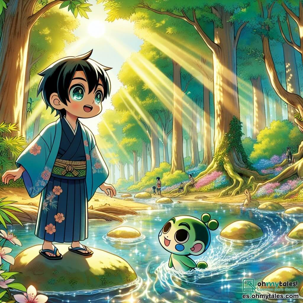 Haruki, un joven de 12 años con cabello negro y ojos llenos de curiosidad, está de pie sobre una roca al borde de un arroyo de aguas cristalinas. Lleva un kimono tradicional azul con motivos de flores de cerezo, y su rostro expresa una determinación alegre mientras observa atentamente el paisaje. A su lado, Kaito, un pequeño Kappa de ojos redondos y piel verde, emerge del agua, con su concha brillante en la cabeza reflejando la luz del sol. Kaito sonríe con amabilidad, listo para guiar a Haruki en su búsqueda. El lugar es una hermosa claridad rodeada de grandes árboles con hojas exuberantes, con rayos de sol filtrándose a través de las ramas, iluminando el suelo cubierto de flores coloridas. El arroyo serpentea pacíficamente, creando una atmósfera mágica y serena. En esta escena, Haruki y Kaito se preparan para comenzar su aventura, mientras el joven, lleno de entusiasmo, escucha atentamente las palabras del Kappa, que le habla sobre los desafíos que deberá enfrentar para descubrir la verdad.
