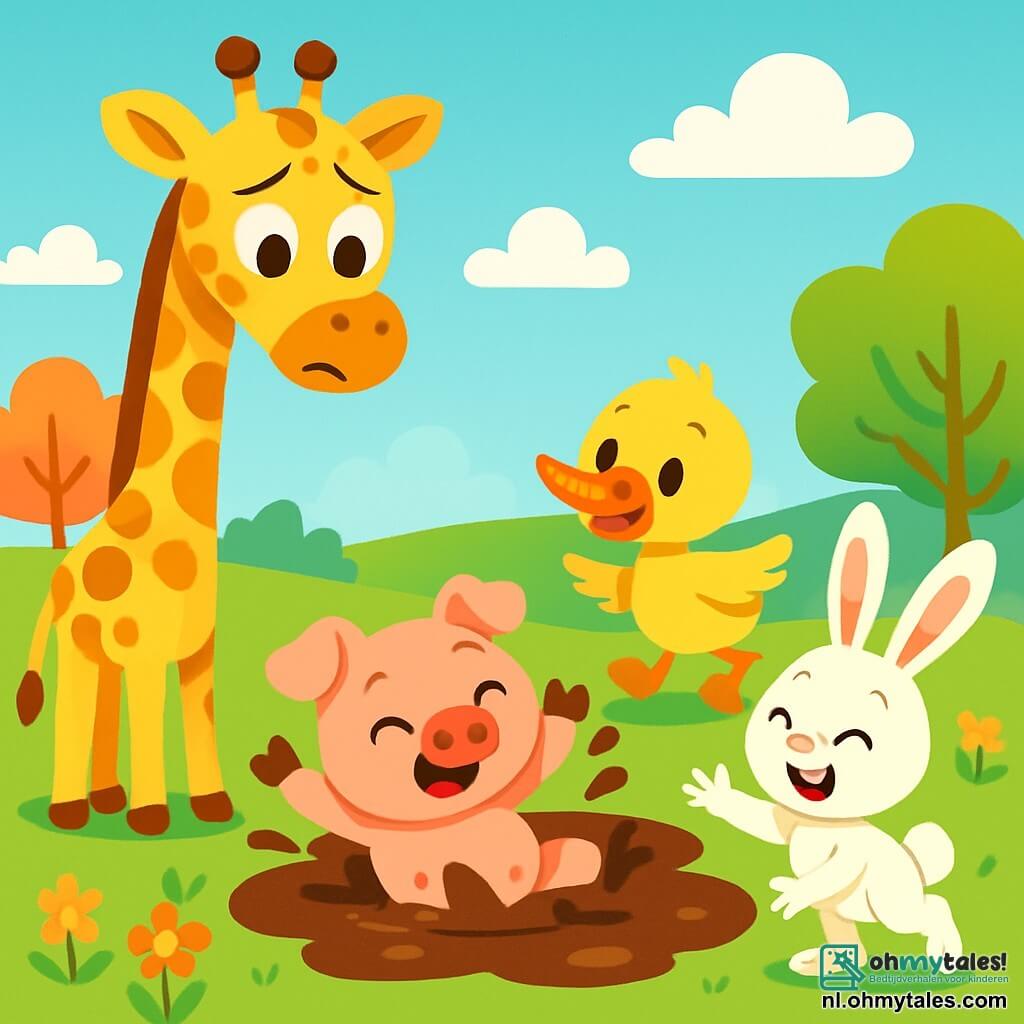 Gigi, de giraffe met gouden vlekken en een elegante lange hals, kijkt met grote bezorgde ogen naar een grote plas modder. Haar lange poten staan voorzichtig op de grond terwijl ze probeert een oplossing te vinden. Boris, het kleine roze varkentje met een ondeugende glimlach, zit vast in de modder, zijn kleine pootjes trappelen wanhopig in de lucht. Max, de eend met felgele veren, glijdt onhandig om de plas heen, zijn vleugels wijd open om in balans te blijven. Lola, het konijn met grote witte oren, staat naast hen en lacht terwijl ze probeert haar vrienden te helpen. De scène speelt zich af in een charmant groen veld, omringd door kleurrijke bomen en heldere bloemen, onder een heldere blauwe lucht met donzige wolken. In het midden glinstert de plas modder in de zon, wat een grappig contrast vormt met de felle kleuren van de dieren. Gigi, bezorgd, probeert een manier te vinden om Boris uit de modder te krijgen, terwijl haar vrienden haar aanmoedigen met gelach en vrolijke kreten.