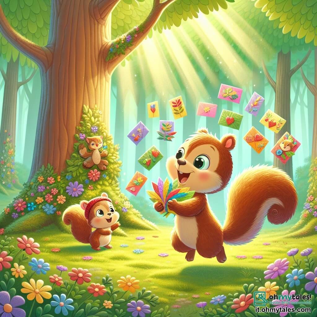 Un piccolo scoiattolo dal pelo marrone morbido come il cotone, con grandi occhi brillanti, sta saltando gioiosamente verso un grande albero. Tiene tra le sue piccole zampe delle carte colorate fatte di foglie e noci, mostrando un ampio sorriso pieno di eccitazione e amore. Accanto a lui, una mamma scoiattolo, con una pelliccia leggermente più chiara e occhi dolci, guarda il suo piccolo con tenerezza, il cuore colmo di gioia. Si trova vicino all'albero, pronta ad accogliere il suo bambino con un sorriso caloroso. Il contesto si svolge in una foresta incantata, dove i raggi del sole filtrano attraverso le foglie verdi, creando motivi luminosi sul terreno coperto di muschio. Fiori colorati punteggiano il paesaggio, aggiungendo un tocco di magia all'ambiente. La scena principale mostra il piccolo scoiattolo che, con entusiasmo, offre le sue carte fatte a mano alla mamma, celebrando la festa della mamma con amore e creatività, in un'atmosfera gioiosa e festosa.