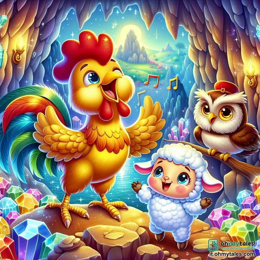 Un gallo dalle piume dorate e brillanti, con uno sguardo determinato e gioioso, canta con entusiasmo al centro di una caverna magica, circondato da tesori scintillanti. Accanto a lui, una dolce pecorella bianca di nome Lalla, con grandi occhi curiosi, lo incoraggia sorridendo, mentre un saggio gufo dalle piume brune, posato su una pietra, osserva la scena con aria riflessiva. La caverna è illuminata da cristalli colorati che proiettano riflessi cangianti sulle pareti, creando un'atmosfera incantata. In questa situazione principale, il gallo e i suoi amici hanno appena scoperto un tesoro nascosto, celebrando la loro amicizia e il loro coraggio dopo aver superato insieme una prova.