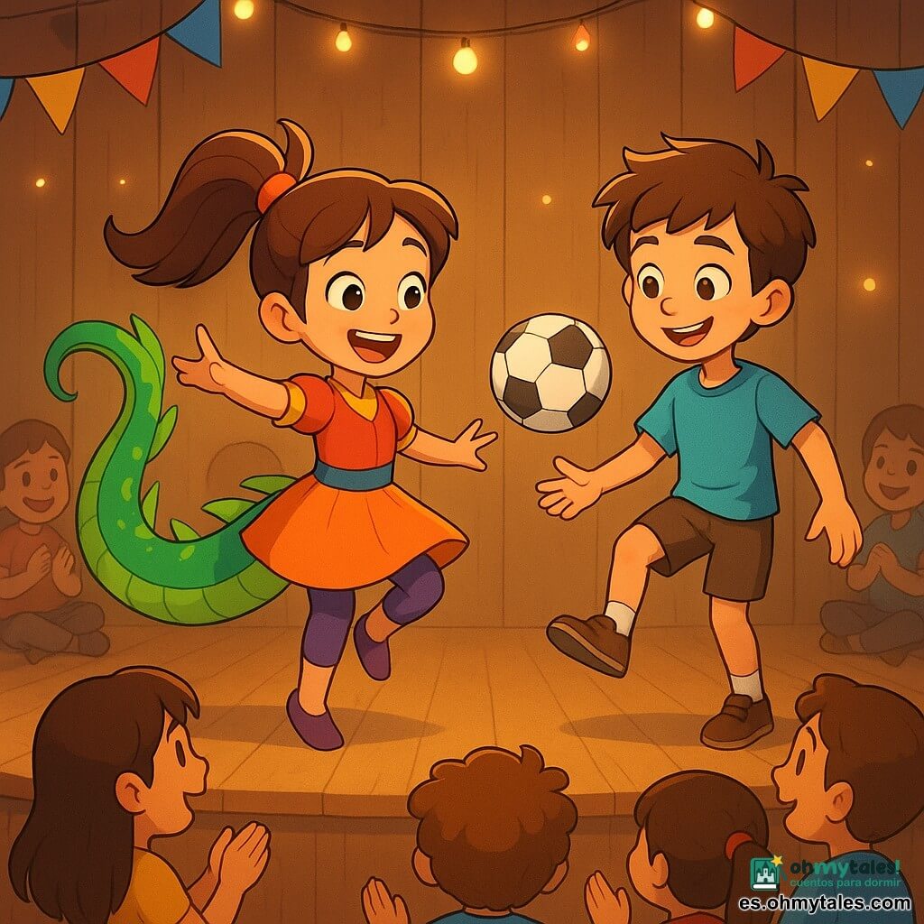 Luma, una joven con una cola de dragón verde brillante, baila con entusiasmo en el centro de un escenario de madera, su cola girando graciosamente a su alrededor. Lleva un traje colorido y sus ojos brillan de alegría. A su lado, Tomás, un chico sonriente con el cabello castaño despeinado, hace malabares hábilmente con un balón de fútbol, su rostro expresando concentración y diversión. Están rodeados por un público de niños sentados en círculo, aplaudiendo con admiración. El escenario está decorado con guirnaldas multicolores y luces centelleantes, creando una atmósfera festiva y acogedora.