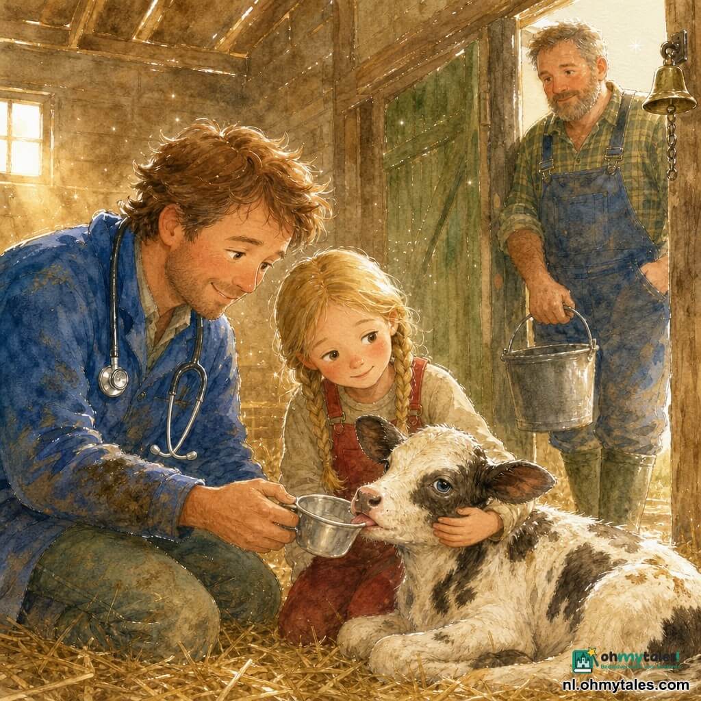 Een glimlachende dierenarts met warrig lichtbruin haar in een modderige blauwe jas en een zilveren stethoscoop knielt neer en biedt een klein bakje zout water aan een kalf; een ongeveer 8‑jarige Lotte met blonde twee staartjes in een rode tuinbroek houdt zacht het kalf vast en kijkt aandachtig, boer Bram van circa 40 met grijze korte baard en rubberlaarzen staat bij de schuurdeur met een hand aan een emmer en kijkt rustig toe, het kleine gevlekte kalf Dot ligt op nat stro met de tong licht uit de bek en vermoeide maar vertrouwenwekkende ogen, de warme stoffige houten schuur met gouden stro en zonnestralen door kieren en een oude groene deur vormt de achtergrond, zachte aquarelachtige kleuren (okers, mosgroen, lichtblauw) en fijne witte gelpencontouren geven de scène een intieme, zorgzame sfeer.