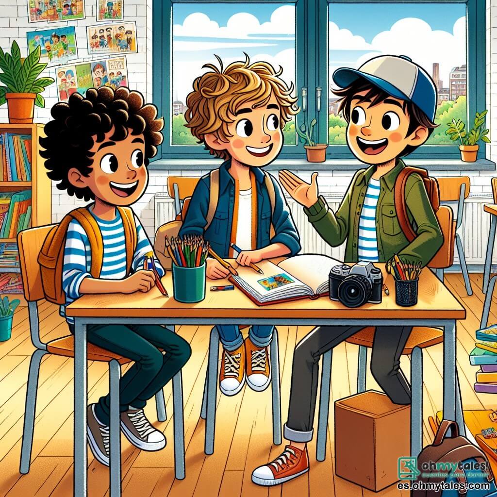 En un aula luminosa, tres amigos se reúnen alrededor de una gran mesa de madera. Mateo, un niño de nueve años con cabello rizado y una gran sonrisa, está sentado en una silla, sosteniendo una libreta abierta con lápices de colores. Lucas, un niño de nueve años, alto y un poco tímido, está de pie al lado de Mateo, sosteniendo una cámara y sonriendo, listo para capturar momentos. Diego, un niño de nueve años, lleno de energía con cabello corto y una gorra, está de pie frente a ellos, gesticulando con entusiasmo mientras cuenta una idea para su proyecto. El aula está decorada con dibujos coloridos en las paredes, con ventanas que dejan entrar la luz del sol y plantas verdes en los alféizares. Los tres amigos trabajan juntos en su proyecto de revista escolar, rodeados de hojas esparcidas, lápices y libros, mientras discuten y ríen, ilustrando el espíritu de colaboración y amistad.