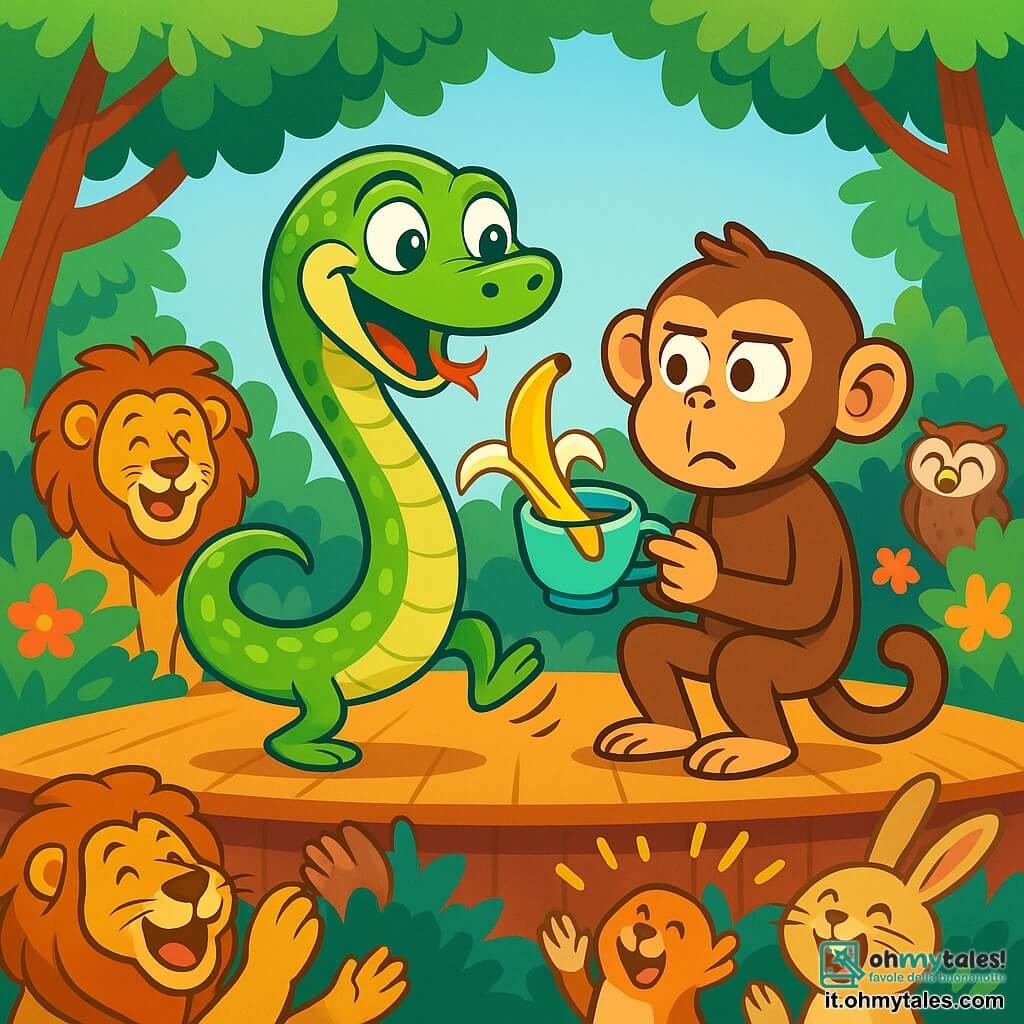 Un serpente di nome Serpicino, con un corpo verde brillante e squame scintillanti, si trova felicemente sul palco, i suoi occhi brillano di malizia e un ampio sorriso sul volto. Danza con energia, le sue piccole gambe colorate fanno movimenti divertenti. Accanto a lui, una scimmia seria, con il pelo marrone e uno sguardo divertito, tiene una tazza di tè, sorpresa dal comportamento esilarante di Serpicino. Sullo sfondo, una foresta lussureggiante con alberi dalle foglie verdi vivaci e fiori colorati circonda il palco, mentre un gruppo di animali, come un maestoso leone e un gufo saggio, applaude e ride. La scena principale mostra Serpicino mentre fa uno scherzo, offrendo una banana alla scimmia, che cade nella sua tazza, provocando un'esplosione di risate nel pubblico.