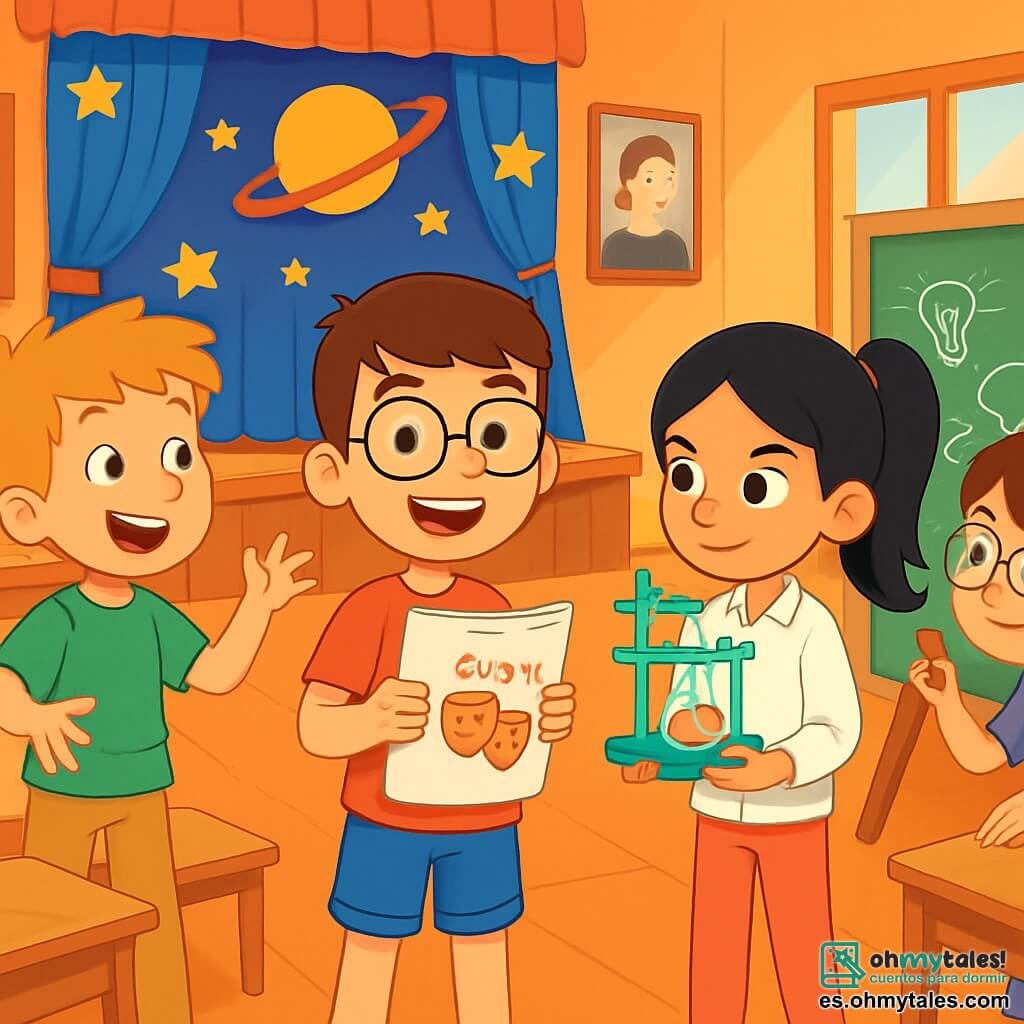 Hay 4 niños: - Jaime: un niño de 10 años con cabello castaño y gafas redondas. Lleva una camiseta roja y un pantalón corto azul. Está de pie en el centro, sosteniendo un guion de teatro en sus manos, con una gran sonrisa en el rostro. - Lucas: un niño de 10 años con cabello rubio despeinado. Lleva una camiseta verde y un pantalón beige. Se encuentra a la izquierda de Jaime, haciendo un gesto entusiasta con los brazos, como si estuviera explicando algo. - Sara: una niña de 9 años con cabello largo y negro, atado en una coleta. Lleva una blusa blanca y un pantalón rosa. Está a la derecha de Jaime, sosteniendo una pequeña maqueta de laboratorio, con una mirada decidida. - Paula: una niña de 9 años con cabello castaño y gafas. Lleva una camiseta violeta y una falda de flores. Está un poco detrás, dibujando ideas en una pizarra, con una expresión concentrada. El lugar es un aula colorida, con carteles de científicos famosos en las paredes. Los pupitres de madera están dispuestos en semicírculo, y al fondo, hay un escenario decorado con estrellas y planetas de papel. La luz del sol entra por las ventanas, creando un ambiente cálido y acogedor. La situación principal muestra a los niños ensayando su obra de teatro sobre inventores e inventoras. Todos están animados, intercambiando ideas y riendo juntos, ilustrando la importancia de la igualdad de género en un entorno alegre y colaborativo.