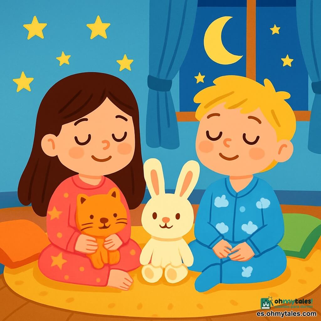 Hay 3 personajes: - Sofía: una niña de 5 años con largos cabellos castaños y ojos brillantes, lleva un pijama rosa con estrellas. Está sentada en el suelo con las piernas cruzadas, sosteniendo un peluche en forma de gato. - Tomás: un niño de 6 años con el cabello rubio despeinado y una sonrisa radiante, lleva un pijama azul con nubes. Está al lado de Sofía, con los ojos cerrados, respirando profundamente. - Luna: un peluche en forma de conejo, suave y esponjoso, con grandes orejas y una pequeña nariz rosa, está acurrucada entre Sofía y Tomás, aportando ternura a la escena. El lugar es una habitación acogedora, con paredes pintadas de azul claro y estrellas doradas que brillan en el techo. Una gran alfombra suave cubre el suelo, y una suave luz de luna filtra a través de las cortinas ligeras. Hay cojines de colores esparcidos por el área, creando un rincón acogedor. La situación principal muestra a los niños sentados juntos, con los ojos cerrados, respirando lentamente como pequeños gatitos. Se percibe una atmósfera tranquila y serena, llena de dulzura y calma, mientras se dejan llevar por el sueño.