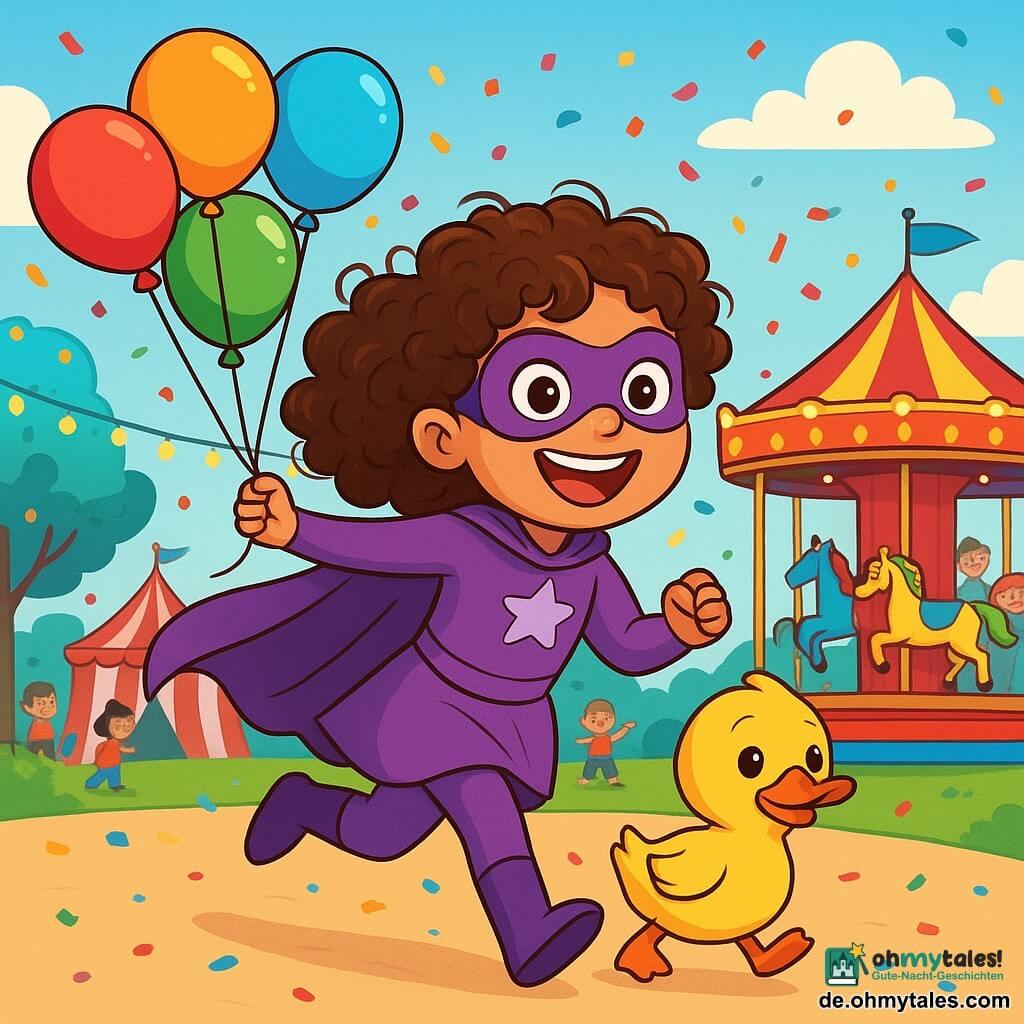 Super-Lila, ein Mädchen mit lockigem, glänzendem Haar, trägt ein lila Superheldenkostüm mit einem wehenden Umhang. Sie hat ein großes, fröhliches Lächeln und funkelnde Augen vor Aufregung, während sie energisch auf eine Gruppe bunter Ballons zuläuft. An ihrer Seite ist die süße Ente, ein kleiner Zuckerstangen, gelb mit einem leuchtend orangefarbenen Schnabel, die Lila bewundernd ansieht und bereit ist, sie auf ihren Abenteuern zu begleiten. Im Hintergrund ist ein wunderschöner Vergnügungspark mit glitzernden Laternen dekoriert, bunten Fahrgeschäften und lachenden Kindern. Die Szene zeigt Super-Lila, die fröhlich auf das Karussell zuläuft, während eine Gruppe von Ballons in den Himmel aufsteigt und Konfetti um sie herum fällt, was eine festliche und magische Atmosphäre schafft.