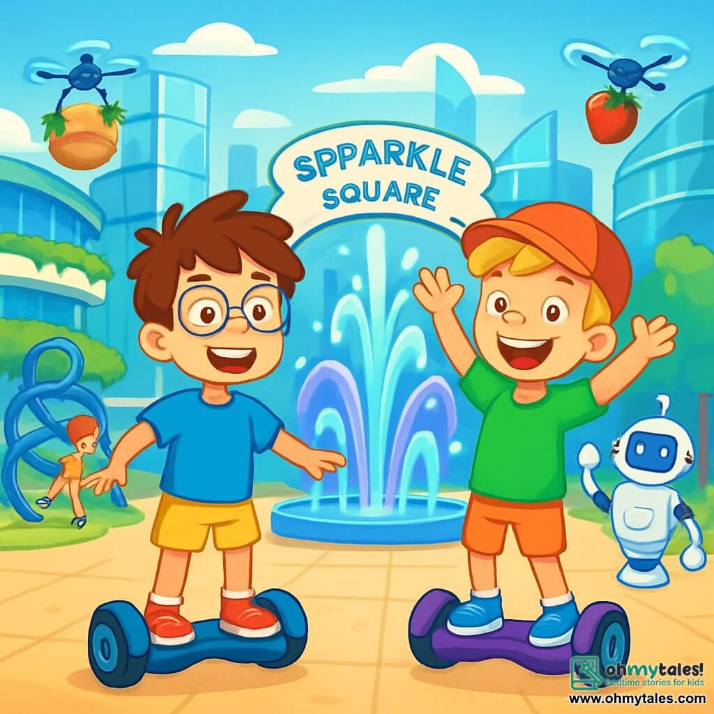 There are 2 main characters: Max, a 10-year-old boy with messy brown hair and round glasses, wearing a bright blue t-shirt and yellow shorts, smiling excitedly on his hoverboard; and Leo, also a 10-year-old boy with blond hair and sparkling eyes, wearing a red cap and green t-shirt, next to Max on his hoverboard, raising his arms in joy. The main setting is Sparkle Square, a large futuristic plaza surrounded by shimmering glass buildings, with hanging gardens and dancing light fountains to the rhythm of music. Drones fly overhead delivering colorful fruits while children play around spiral-shaped structures. The main situation shows Max and Leo, excited and ready to discover the city's latest inventions, surrounded by bright lights and friendly robots greeting them.