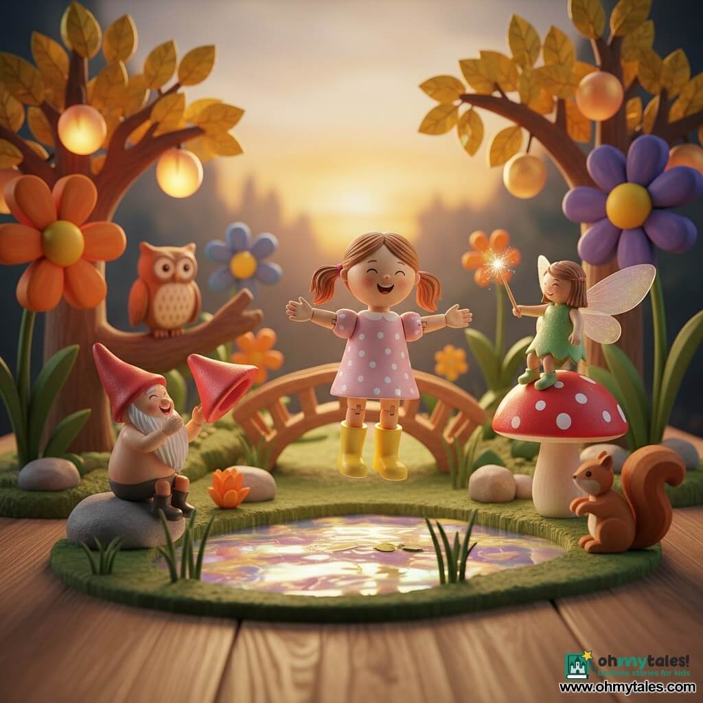 A joyful 4-year-old girl with light-brown pigtails in a pink polka-dot dress and rubber boots floats slightly above the ground as if just beginning to fly, arms out and smiling; a mischievous little fairy with iridescent translucent wings and a shiny green dress perches on a red-and-white polka-dot mushroom to the girl's right, waving a sparkling wand; a round bearded gnome in a slightly crumpled red pointed hat sits on a stone by a pond, laughing and applauding while holding his hat; toy animals—a wooden owl on a branch, a hopping rabbit and a curious squirrel—smile and face the scene; the setting is a miniature enchanted garden with brightly painted oversized wooden flowers, arched wooden bridges, a mirror-like pond with pearly reflections, trees with golden leaves and glowing fruit; an evening magical celebration as the girl discovers she can fly thanks to a glowing fruit, warm sunset lighting, saturated colors, visible wood textures, childlike hand-painted wooden toy style, clear central composition with a slightly blurred background to emphasize the girl and her friends.