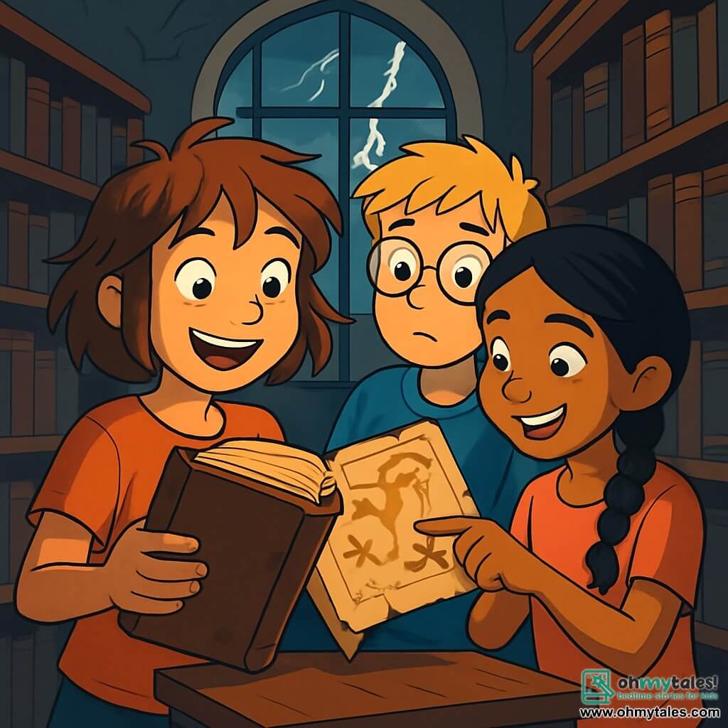 A 12-year-old girl, Olivia, with messy brown hair and sparkling curious eyes, holds an old leather book in her hands, her face lit up with excitement and wonder. Next to her, Max, a 12-year-old boy with round glasses and tousled blonde hair, looks at a mysterious map with an intrigued expression, while Priya, an 11-year-old girl with braided black hair and a mischievous smile, points to an illustration on the parchment. They are in the historical section of an ancient library, surrounded by tall dark wooden shelves filled with dusty books, as beams of light filter through the windows, creating a mysterious atmosphere. The main scene shows Olivia discovering a hidden secret, with flashes illuminating the sky outside, adding a touch of adventure to their quest.