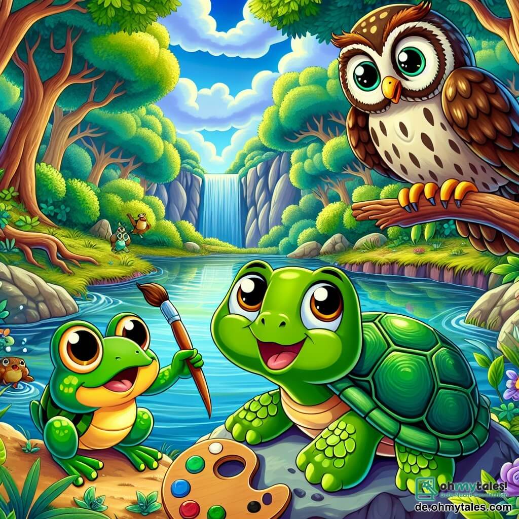 Im Mittelpunkt des Bildes steht Timmy, eine kleine grüne Schildkröte mit einem glänzenden Panzer und neugierigen Augen, die fasziniert vor einem wunderschönen Teich im Wald steht. Er lächelt breit, die Vorderbeine leicht erhoben, als ob er bereit wäre, in das Abenteuer einzutauchen. Rechts von ihm springt Fips, ein kleiner, farbenfroher Frosch mit grüner Haut und gelben Flecken, fröhlich auf einem Stein, sein Gesicht strahlt vor Aufregung. Er hält eine Malpalette aus Blättern und Blumen, bereit, die Schönheit der Landschaft festzuhalten. Links sitzt Ella, eine weise Eule mit großen runden Augen und braunen Federn, auf einem Ast und beobachtet aufmerksam die beiden Freunde. Sie hat einen konzentrierten Ausdruck und hält ein Notizbuch in ihren Krallen, bereit, ihre Entdeckungen aufzuschreiben. Der Ort ist eine geheime Ecke des Waldes, umgeben von majestätischen Bäumen mit grünen Blättern und bunten Blumen am Ufer des Teichs. Die Sonne scheint durch die Äste und erzeugt funkelnde Reflexionen auf dem klaren, ruhigen Wasser. Die Hauptsituation zeigt Timmy und seine Freunde, die diesen magischen Ort entdecken, fasziniert von der Schönheit der Natur, bereit zu erkunden und gemeinsam zu kreativ zu sein, was den Geist von Abenteuer und Freundschaft im Sommer symbolisiert.