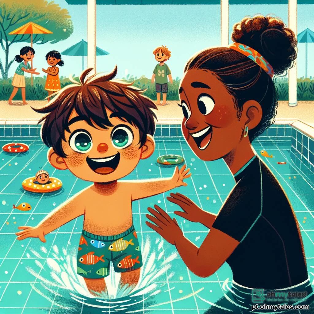 Um garotinho de 2 anos, chamado Tomás, com cabelos castanhos bagunçados e olhos brilhantes de curiosidade, nada alegremente em uma piscina. Ele usa um maiô colorido com estampas de peixes e um sorriso radiante no rosto, demonstrando sua alegria e empolgação. Ao lado dele, a treinadora Dona Clara, uma mulher de cerca de 30 anos com cabelos castanhos presos em um coque e usando um maiô preto, o encoraja com um grande sorriso. Ela está à beira da piscina, com os braços abertos, pronta para ajudá-lo. A piscina é cercada por azulejos azul claro, com boias coloridas flutuando na superfície da água e crianças brincando ao fundo sob um céu ensolarado. Nesta cena, Tomás nada corajosamente em direção a uma grande boia em forma de peixe, determinado e feliz, enquanto Dona Clara o incentiva com entusiasmo, criando uma atmosfera alegre e dinâmica.
