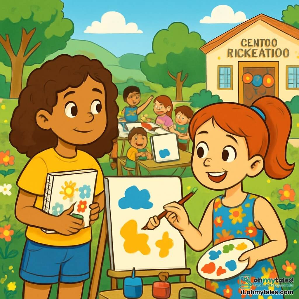 Ci sono 2 personaggi principali: - Sara: una ragazza di 10 anni, con capelli castani e ricci, che indossa una maglietta gialla e un pantaloncino di jeans. Tiene un quaderno da disegno sotto il braccio e guarda con curiosità un gruppo di bambini. - Giulia: una ragazza di 10 anni, con capelli rossi raccolti, vestita con un abito a fiori colorati. Sorride felicemente, tenendo una tavolozza di colori in una mano e un pennello nell'altra. La scena si svolge in un parco soleggiato, pieno di fiori multicolori e alberi verdi. Sullo sfondo si vede un grande edificio del centro ricreativo con palloncini appesi alla porta. I bambini giocano attorno a un grande tavolo da pittura, dove tele bianche sono pronte per essere decorate. La situazione principale mostra Sara e Giulia che dipingono insieme su una tela, circondate da altri bambini che si divertono a creare opere d'arte. I colori vivaci delle pitture contrastano con il verde del parco, e l'atmosfera è gioiosa e creativa.