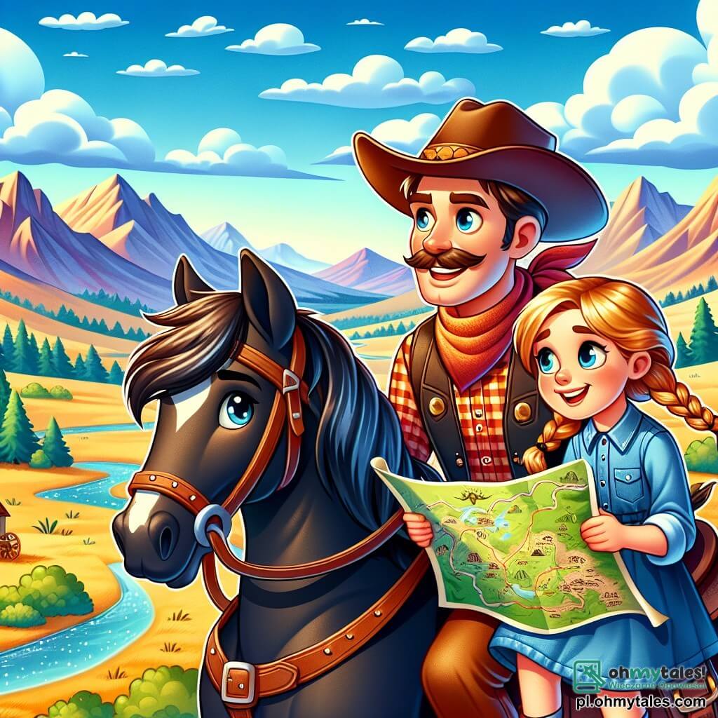 Cowboy Jacek, mężczyzna w wieku około trzydziestu lat, uśmiechnięty i zdeterminowany, nosi brązowy kapelusz kowbojski i czerwoną koszulę w kratę. Siedzi na swoim pięknym czarnym koniu Kapeluszu i z ekscytacją patrzy na horyzont. Obok niego stoi dziesięcioletnia dziewczynka Mia z warkoczami blond włosów, ubrana w dżinsową sukienkę, obserwująca mapę skarbów z błyskiem przygody w oczach. Krajobraz jest rozległy, z złotymi wzgórzami pod jasnoniebieskim niebem, usianym białymi, puszystymi chmurami. W oddali wznoszą się majestatyczne góry, a błyszcząca rzeka wiję się przez dolinę. Jacek i Mia przygotowują się do poszukiwania ukrytego skarbu, gotowi na wielką przygodę pełną niespodzianek.