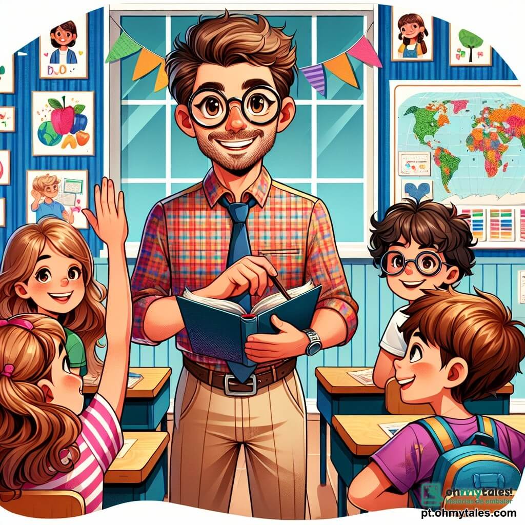 Um professor, o Sr. Tiago, um homem de cerca de quarenta anos com cabelos castanhos levemente grisalhos e óculos redondos, sorri calorosamente. Ele usa uma camisa xadrez colorida e uma calça bege, segurando um livro aberto em uma mão, cercado por seus alunos. Ana, uma menina de 9 anos com cabelos longos e cacheados, está sentada no chão, com os olhos brilhando de excitação, levantando a mão para fazer uma pergunta. Pedro, um menino de 8 anos com óculos e uma camiseta de super-herói, está de pé ao lado dela, segurando uma folha de papel com anotações. A cena acontece em uma sala de aula iluminada, decorada com desenhos coloridos nas paredes e mapas do mundo. As carteiras de madeira estão dispostas em círculo, criando uma atmosfera amigável e acolhedora. O Sr. Tiago explica com entusiasmo as atividades do dia, enquanto as crianças o ouvem atentamente, ansiosas para participar da caça ao tesouro e da peça de teatro.