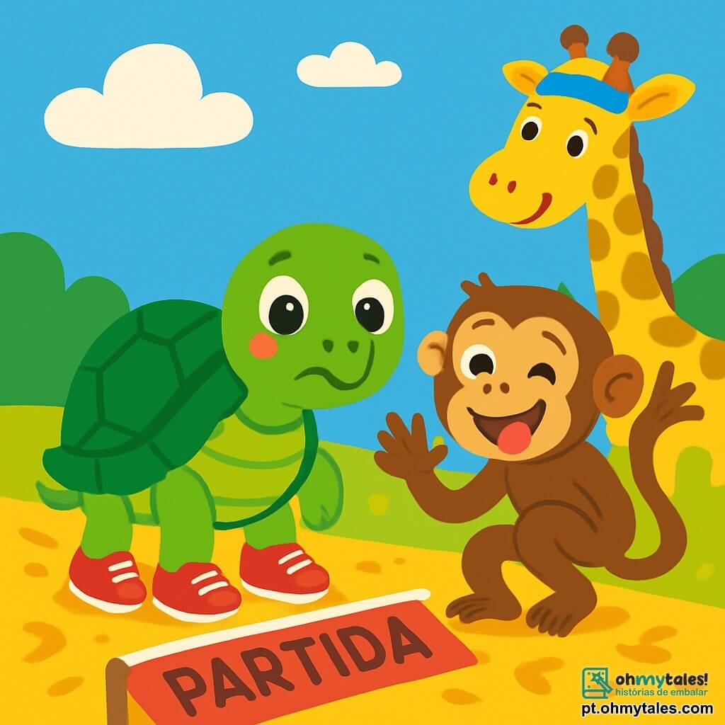 Uma pequena tartaruga chamada Tina, com uma carapaça verde brilhante e olhos cintilantes de alegria, está na linha de partida de uma corrida. Ela usa tênis vermelhos que contrastam com seu corpo. Ao lado dela, o macaco Zico, um macaco travesso com pelagem marrom e uma longa cauda, faz caretas para incentivar Tina. Mais adiante, a girafa Lili, com seu longo pescoço e chapéu colorido, observa a corrida com um sorriso divertido. O chão está coberto de folhas douradas e o céu é azul com algumas nuvens brancas. No centro desta cena alegre, Tina se prepara para correr, seu rosto expressando tanto excitação quanto um pouco de apreensão, enquanto seus amigos a incentivam com entusiasmo.