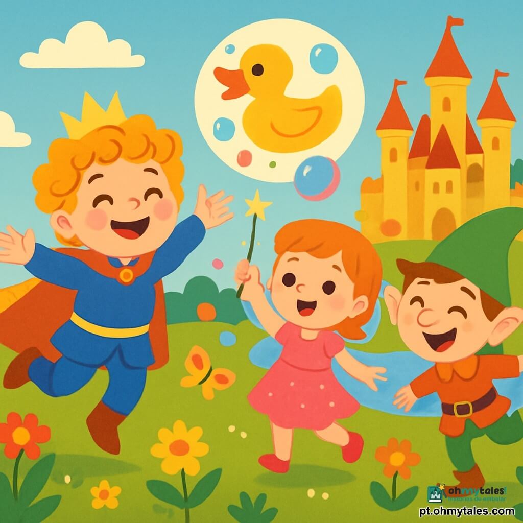 Um príncipe alegre, chamado Léo, com cerca de 7 anos, cabelos encaracolados e dourados, veste uma capa leve e um sorriso radiante. Ele pula de alegria em um gramado verde, seus olhos brilhando de travessura. Ao seu lado, a Fada Lina, uma menina de 6 anos com asas cintilantes e um vestido rosa brilhante, levanta sua varinha mágica, pronta para fazer aparecer bolhas coloridas. Um pouco mais adiante, o Duende Pipo, um garoto travesso de 8 anos com um chapéu pontudo e um rosto cheio de risos, faz caretas enquanto pula em um pé. A cena se passa em um jardim encantado, repleto de flores vibrantes, borboletas dançantes e um lago cintilante sob o sol poente. Ao fundo, um majestoso castelo brilha, com suas torres douradas tocando o céu azul. Léo, Lina e Pipo se divertem juntos, rindo enquanto uma bolha gigante sobe no ar, transformando-se em um pato que faz "quack". É um momento de magia e risos, onde a amizade e a alegria iluminam o reino encantado.