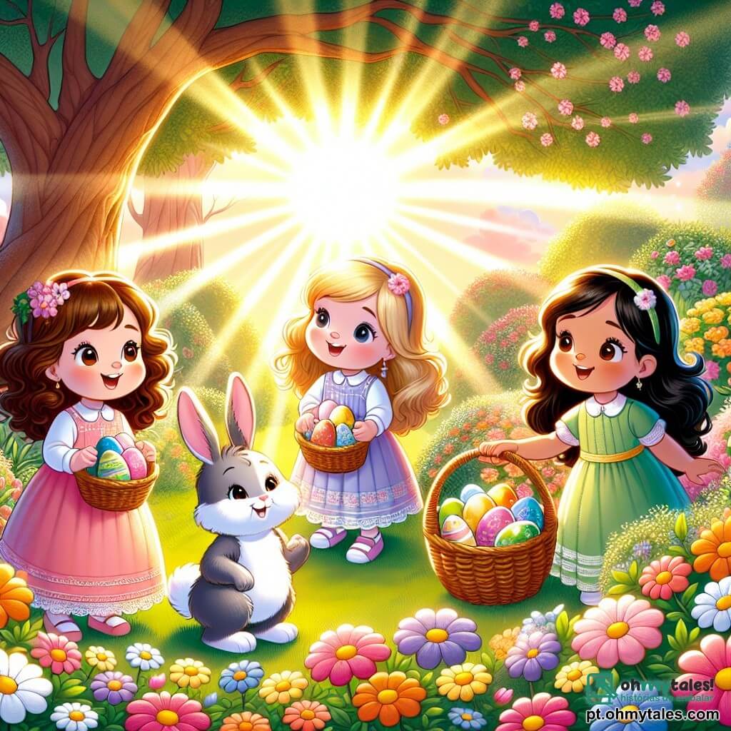 Quatro meninas, Ana (8 anos, cabelos castanhos e cacheados, vestindo um vestido rosa), Bia (7 anos, cabelos loiros e lisos, usando uma túnica azul), Lú (6 anos, cabelos castanhos e crespos, vestindo um vestido amarelo) e Mia (7 anos, cabelos negros e longos, usando uma saia verde), estão reunidas em um jardim ensolarado, cercadas por flores coloridas. Elas estão alegres, com sorrisos radiantes, segurando cestos de vime cheios de ovos de Páscoa coloridos. O jardim está repleto de flores multicoloridas que dançam suavemente ao vento, e uma grande árvore majestosa se ergue ao fundo, oferecendo sombra. No centro da ilustração, um coelhinho travesso, o Coelhinho da Páscoa, com grandes orelhas e pelagem macia, as observa com um sorriso travesso, pronto para ajudá-las na caça aos ovos. A cena representa o momento mágico em que as meninas descobrem um ovo brilhante entre as flores, com raios de luz emanando do ovo, criando uma atmosfera encantada.