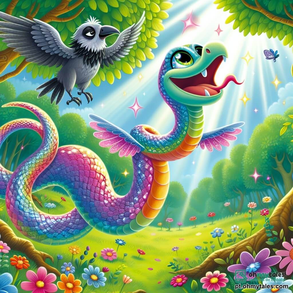 Um serpente colorido chamado Serpentino, com escamas brilhantes de todas as cores do arco-íris, desliza alegremente pelo ar, com um grande sorriso no rosto e os olhos brilhando de excitação e felicidade. Ele tem pequenas asas cintilantes que brilham ao sol e faz acrobacias sobre uma floresta verdejante. Perto dele, uma velha corvo sábio, com penas cinzas e um olhar penetrante, observa Serpentino com um sorriso benevolente, empoleirada em um galho. Ela está cercada por flores coloridas que dançam suavemente com o vento. O lugar é uma clareira ensolarada, cheia de flores vibrantes e árvores majestosas, onde a luz filtra através das folhas, criando um jogo de sombras e luzes no chão. A cena principal mostra Serpentino voando alegremente, realizando seu sonho de voar, enquanto o corvo o encoraja com uma expressão de orgulho, simbolizando a magia da autoconfiança e da amizade.