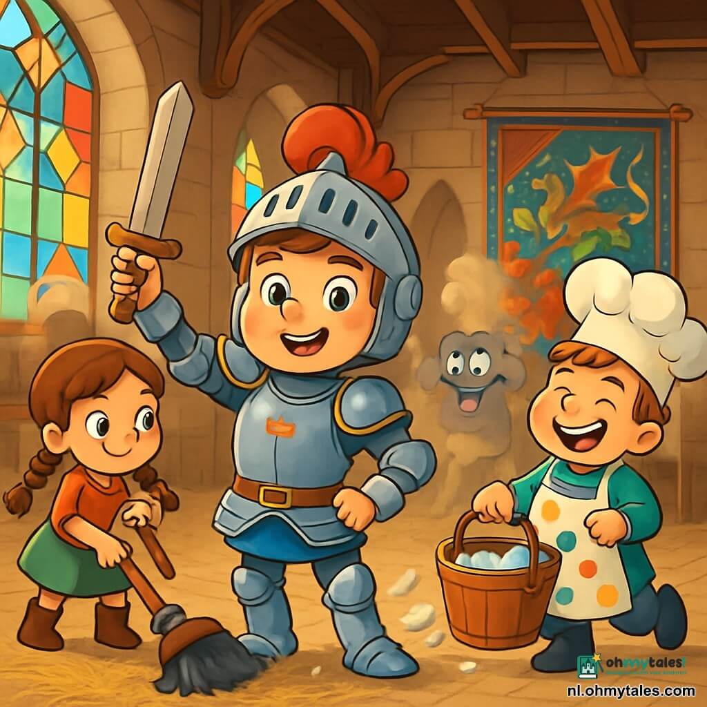 Een jonge ridder, Jonkheer Lodewijk, 8 jaar oud, staat trots in het midden van de grote zaal van het kasteel. Hij draagt een glanzende harnas, versierd met gouden motieven, en een kleine helm die hem dapper doet lijken. Zijn gezicht straalt van een brede glimlach, die zijn vastberadenheid en vreugde toont. Naast hem staat Mila, een 7-jarig meisje, een briljante ruiter met vlechten en een ondeugende blik. Ze houdt een bezem vast, klaar om hem te helpen de zaal schoon te maken. Gijsbert, een 8-jarige jongen, is een grappige kok met een kleurr apron en een chef-koks hoed, lachend terwijl hij een emmer met zeepwater vasthoudt. De grote zaal van het kasteel is majestueus, met hoge houten plafonds, glas-in-loodramen die gekleurd licht binnenlaten, en muren versierd met wandtapijten die verhalen vertellen van draken en ridders. De vloer is bedekt met stro en stof, getuigend van eerdere festiviteiten. De hoofdscène toont Lodewijk, Mila en Gijsbert die samen aan het vegen en schoonmaken zijn, lachend terwijl ze proberen een grappig Stofmonster te verslaan dat in de lucht zweeft, wat een vrolijke en avontuurlijke sfeer creëert.