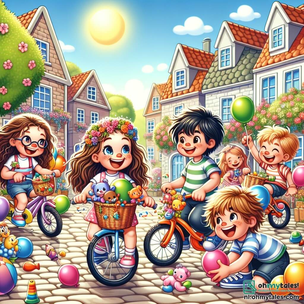 Een 8-jarig meisje, Lotte, met lange bruine haren en sprankelende ogen, zit op haar fiets versierd met kleurrijke knuffeldieren, terwijl een grote glimlach haar gezicht verlicht. Naast haar lacht Finn, een 7-jarig jongetje met rommelige blonde haren en een gestreept t-shirt, terwijl hij een handvol ballonnen vasthoudt die in de lucht zweven. Emma, een 8-jarig meisje met krullend haar en een bril, jongleert met ballonnen terwijl ze probeert haar evenwicht te houden op haar felgekleurde fiets. Sam, een 8-jarig jongetje met bruin haar in een verfschort, leunt over zijn fiets en schildert regen- en zonmotieven op zijn fiets. De scène speelt zich af in een charmant zonnig dorp met kleurrijke huizen en bloeiende tuinen op de achtergrond. De vrienden zijn verzameld op een geplaveide weg, omringd door gelach en vreugde, klaar om hun grote race te beginnen. Lotte en haar vrienden staan op het punt om te racen, met een uitdrukking van opwinding en geluk, terwijl ballonnen om hen heen zweven en een vleugje magie aan dit gezellige moment toevoegen.