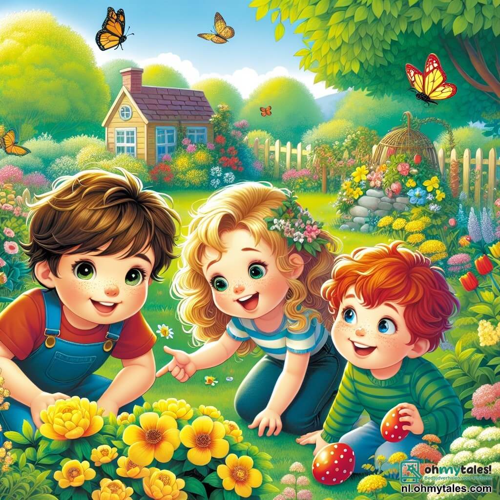 In een zonnige tuin zijn drie kinderen bij elkaar. Sam, een 7-jarig jongetje met rommelig kastanjebruin haar en sprankelende ogen, zit nieuwsgierig bij een bosje gele bloemen. Lotte, een 6-jarig meisje met gouden krullen en een stralende lach, staat naast hem en wijst vrolijk naar het bosje. Bram, een 8-jarige jongen met een rossige haardos en sproeten, staat iets verder weg met een grote rode bal, met een vrolijke uitdrukking op zijn gezicht. De tuin is vol met kleurrijke bloemen, fladderende vlinders en groene bomen. Op de achtergrond voegt een klein houten huisje een vleugje magie toe aan dit lentefeest. De kinderen zijn op zoek naar een speciaal paasei dat ze net tussen de bloemen hebben ontdekt. Sam, Lotte en Bram zijn allemaal opgewonden en klaar om hun vondst te vieren met gelach en blije dansjes.
