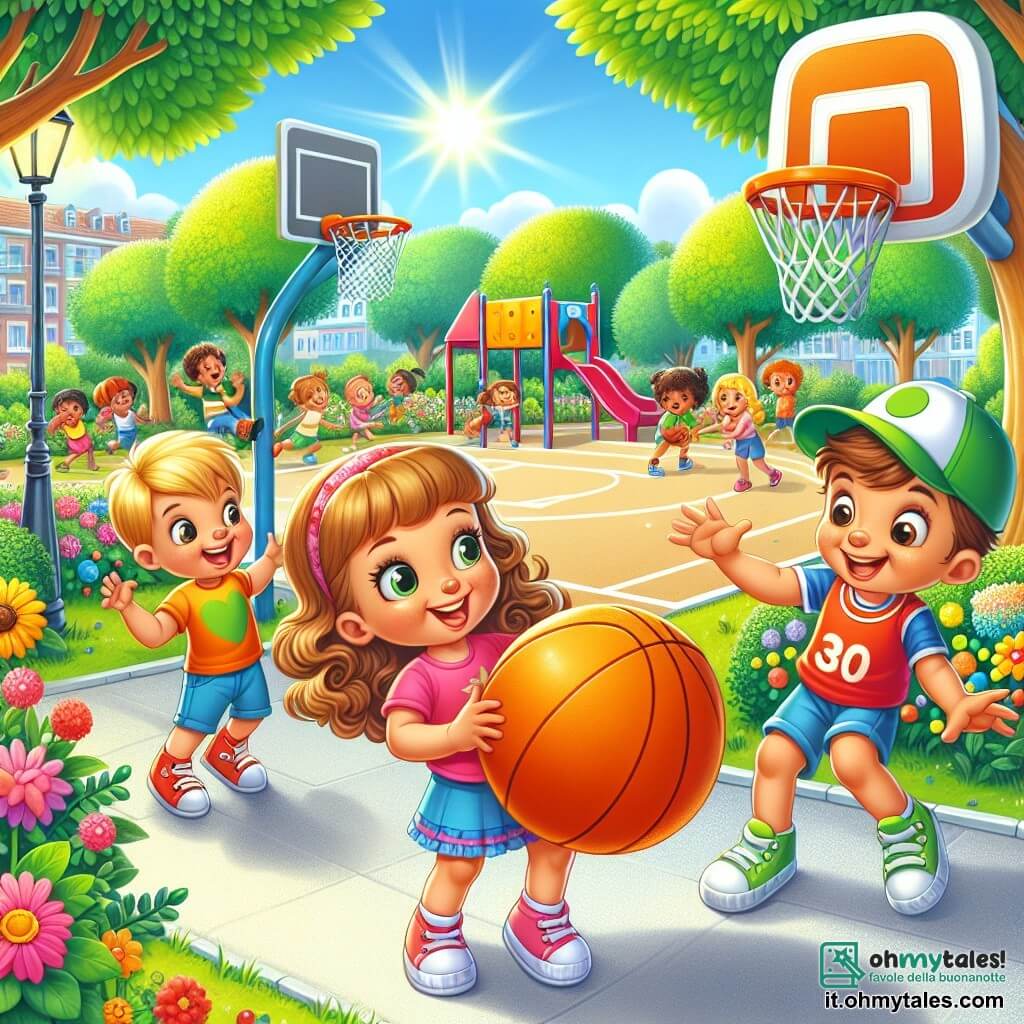 Una bambina di 2 anni, Sofia, con grandi occhi brillanti e capelli ricci, indossa una maglietta rosa e pantaloni corti blu. Sorride felicemente mentre tiene in mano una grande palla da basket arancione, pronta a giocare. Accanto a lei, un bambino di 3 anni, Luca, con capelli biondi e un cappellino verde, ride alzando le braccia, entusiasta di giocare a basket. Un po' più in là, un bambino di 6 anni, Marco, con capelli castani e una maglietta da basket rossa, fa un gesto di lancio con un grande sorriso, pronto a insegnare qualcosa di speciale. Il luogo è un parco soleggiato, con alberi verdi, un'area giochi colorata e un grande campo da basket in cemento. Fiori colorati costeggiano il sentiero, e i bambini giocano felicemente intorno. La situazione principale mostra Sofia e Luca che giocano a basket, con Sofia pronta a lanciare la palla verso il canestro, mentre Marco li incoraggia con un grande sorriso. L'atmosfera è piena di gioia e amicizia, catturando lo spirito del gioco e della camaraderie.