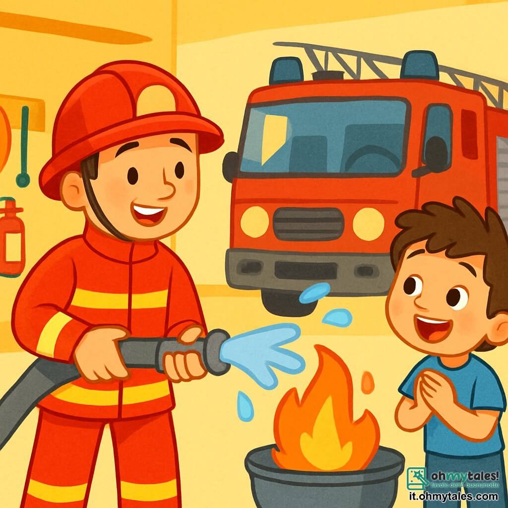 Un giovane pompiere, Marco, un uomo sorridente con un'uniforme rosso vivo, un casco lucido e occhi brillanti di entusiasmo, sta orgogliosamente accanto al suo camion dei pompieri. Accanto a lui, un ragazzo di 8 anni di nome Luca, con capelli castani disordinati e una maglietta blu, guarda Marco con ammirazione, gli occhi spalancati e un sorriso stupito. La scena si svolge in una caserma dei pompieri luminosa, con muri gialli e attrezzi di soccorso ben ordinati. Sullo sfondo si può vedere un grande camion dei pompieri rosso, con luci lampeggianti e un'asta estesa. La situazione principale mostra Marco che spiega a Luca come usa un grande tubo per spegnere un piccolo fuoco in un braciere, con fiamme arancioni e gialle che danzano allegramente, mentre gocce d'acqua scintillano nell'aria.