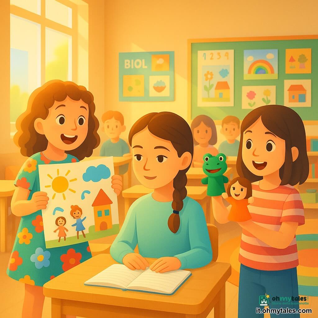 Ci sono tre bambine di 9 anni: Marta, capelli castani raccolti in una treccia, maglione pastello pulito, seduta al centro a un piccolo banco che mostra un quaderno ordinato con appunti leggibili; Sofia, capelli castani chiari e ricci, vestito vivace a fiori, che espone grandi disegni colorati verso sinistra con postura espressiva e sorriso; Lucia, capelli lisci castani, maglietta a righe, in piedi a destra che anima una scena gioiosa con due piccole marionette di stoffa nella mano destra. Ambientazione: aula luminosa con grandi finestre, pareti coperte di poster e disegni, arredi in legno chiaro e tappeto multicolore; situazione: le tre presentano i loro metodi di apprendimento davanti alla classe, composizione centrata su di loro e sullo sfondo compagni sfocati che guardano interessati.