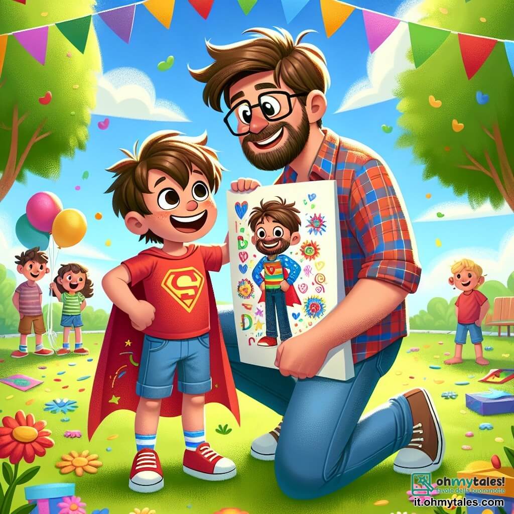 Un bambino di 5 anni, di nome Luca, con capelli castani arruffati e occhi brillanti di gioia, è in piedi in un parco soleggiato, tenendo un grande cartellone colorato che ha decorato per la festa del papà. Indossa una maglietta rossa con un disegno di supereroe e un pantaloncino blu, e sorride ampiamente, traboccante di eccitazione e orgoglio. Accanto a lui c'è un uomo di circa 35 anni, suo padre, con barba bruna e occhiali, che guarda il disegno con meraviglia. Indossa una camicia a quadri e jeans, e si accovaccia per essere all'altezza del figlio, un sorriso caloroso illumina il suo viso. Il parco è pieno di colori vivaci, con alberi verdi, fiori brillanti e palloncini che fluttuano nell'aria. Sullo sfondo, i bambini giocano felicemente, e un grande striscione annuncia la festa del papà. La scena principale mostra Luca, raggiante di felicità, che presenta orgogliosamente la sua opera al padre, che è commosso da questo gesto d'amore. I due personaggi condividono un momento tenero e gioioso, circondati dall'atmosfera festosa del parco.