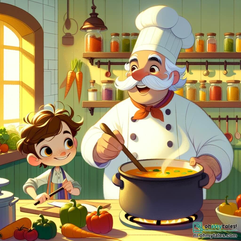 Chef Karel is een joviale man van ongeveer vijftig jaar, met een grote witte snor en sprankelende ogen vol vreugde. Hij draagt een grote witte koksmuts en een kleurr apron vol voedselvlekken, terwijl hij een grote pan soep op het vuur roert, met een brede glimlach op zijn gezicht die zijn enthousiasme voor koken toont. Naast hem staat Tim, een 8-jarig jongetje met rommelig bruin haar en nieuwsgierige ogen. Hij draagt een klein schort en snijdt voorzichtig een wortel, terwijl hij Karel bewonderend aankijkt. De scène speelt zich af in een warme en gastvrije keuken, met pastelgele muren, planken vol kleurrijke specerijpotten en verse groenten op het houten aanrecht. Het zonlicht valt door het raam en verlicht de kamer met een zachte gloed. In deze hoofdscène bereiden Chef Karel en Tim samen een magische soep vol kleuren, terwijl ze vrolijk de groenten in de grote pan mengen en de heerlijke geur de lucht vul, wat een sfeer van geluk en saamhorigheid creëert.