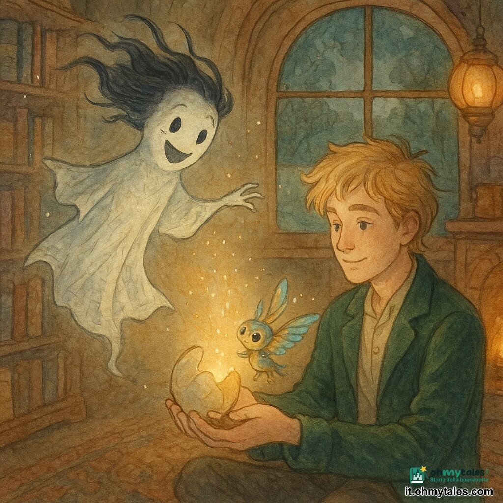 Un fantasma chiamato Ombra, etereo e benevolo, con una veste di pagine spiegazzate e capelli come filamenti d'inchiostro, gioioso e stupito, fluttua vicino al fuoco soffiando scintille luminose su un piccolo uovo incrinato; Elia, ragazzo di circa 16 anni, bibliotecario dai capelli scompigliati color grano e con una giacca di velluto verde abete, è seduto accanto al camino con le mani protettive intorno all'uovo e il volto dolce e commosso; il dracofolletto, minuscola creatura dalle piume iridescenti e grandi occhi rotondi, esce dall'uovo tintinnando e brilla di riflessi dorati e turchesi sulle mani di Elia; la scena si svolge all'interno di una biblioteca ambulante in legno lucidato, con scaffali curvi pieni di libri colorati, tappeti persiani consumati, lampade a olio che diffondono aloni caldi e una grande finestra rotonda che apre su un lago argentato e salici; momento della schiusa: l'uovo si fende e una luce dorata esplode, tutti guardano meravigliati in un'atmosfera tenera, magica e calda, toni acquerellati morbidi e dettagli in penna gel bianca sui riflessi e le piume.