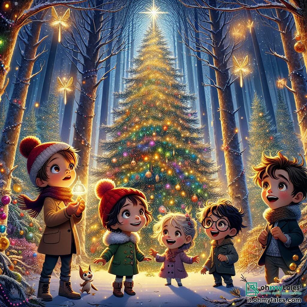 In una foresta incantata, quattro bambini si trovano insieme ai piedi di un grande albero di Natale scintillante. **Luca**, un ragazzo di dieci anni con capelli castani disordinati e occhi curiosi, tiene in mano una piccola campanella d'argento, sorridendo meravigliato. **Anna**, una ragazza intraprendente di dieci anni con capelli biondi intrecciati e un berretto rosso, è a sinistra di Luca, con le braccia alzate in segno di eccitazione. **Marco**, un ragazzo di dieci anni con capelli castani e occhiali rotondi, si trova leggermente indietro a destra di Luca, con un'espressione pensierosa mentre osserva le decorazioni dell'albero. **Giulia**, una ragazza di nove anni con capelli neri ricci, è seduta su un ramo basso dell'albero, ridendo gioiosamente. Il luogo è un boschetto magico, con alberi coperti di neve scintillante e lucciole che illuminano l'aria con una dolce luce dorata. L'albero di Natale è maestoso, decorato con ghirlande colorate e ornamenti brillanti, creando un'atmosfera fiabesca. I bambini scoprono la magia del Natale, uniti nell'incanto, mentre si preparano ad appendere un ornamento fatto a mano sull'albero, simbolo della loro amicizia e spirito di condivisione.